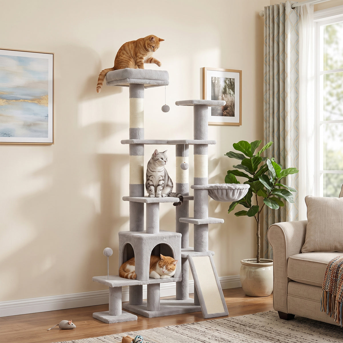 Cat Tree Large, 152 cm high cat tree with scratching posts, caves with 2 entrances, 3 balls, hammock, 6 kg (2)