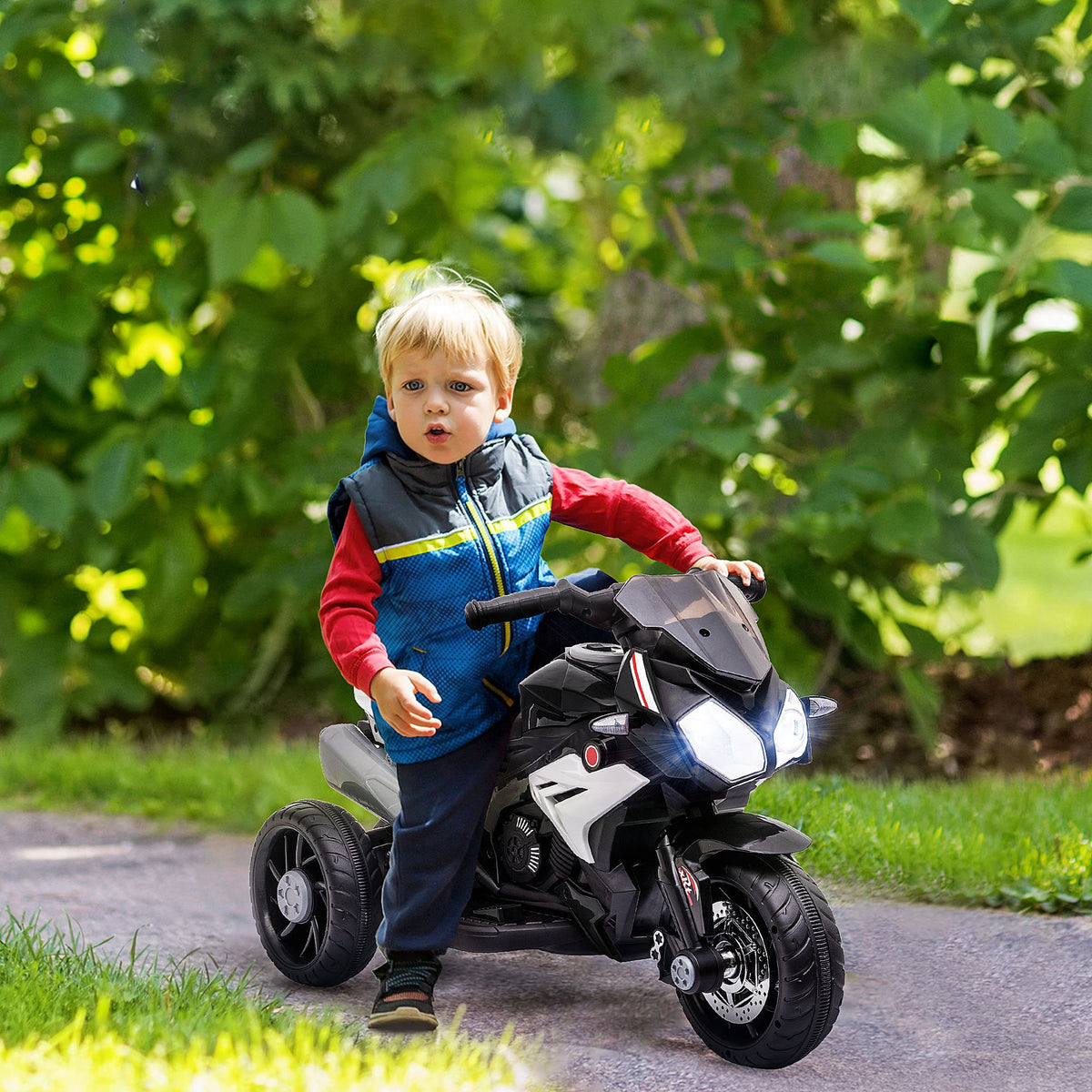 Electric ride-on motorcycle for kids, lights & sounds, 3 km/h, rechargeable, plastic & metal, black/white (2)