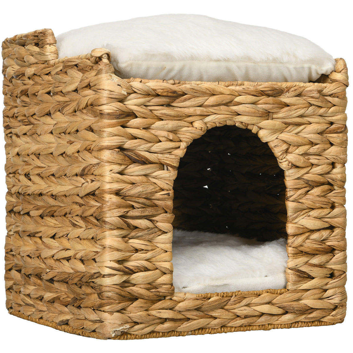 Cat cave made of water hyacinth grass, 2 lying areas, 2 washable cushions, natural + white