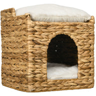 Cat cave made of water hyacinth grass, 2 lying areas, 2 washable cushions, natural + white