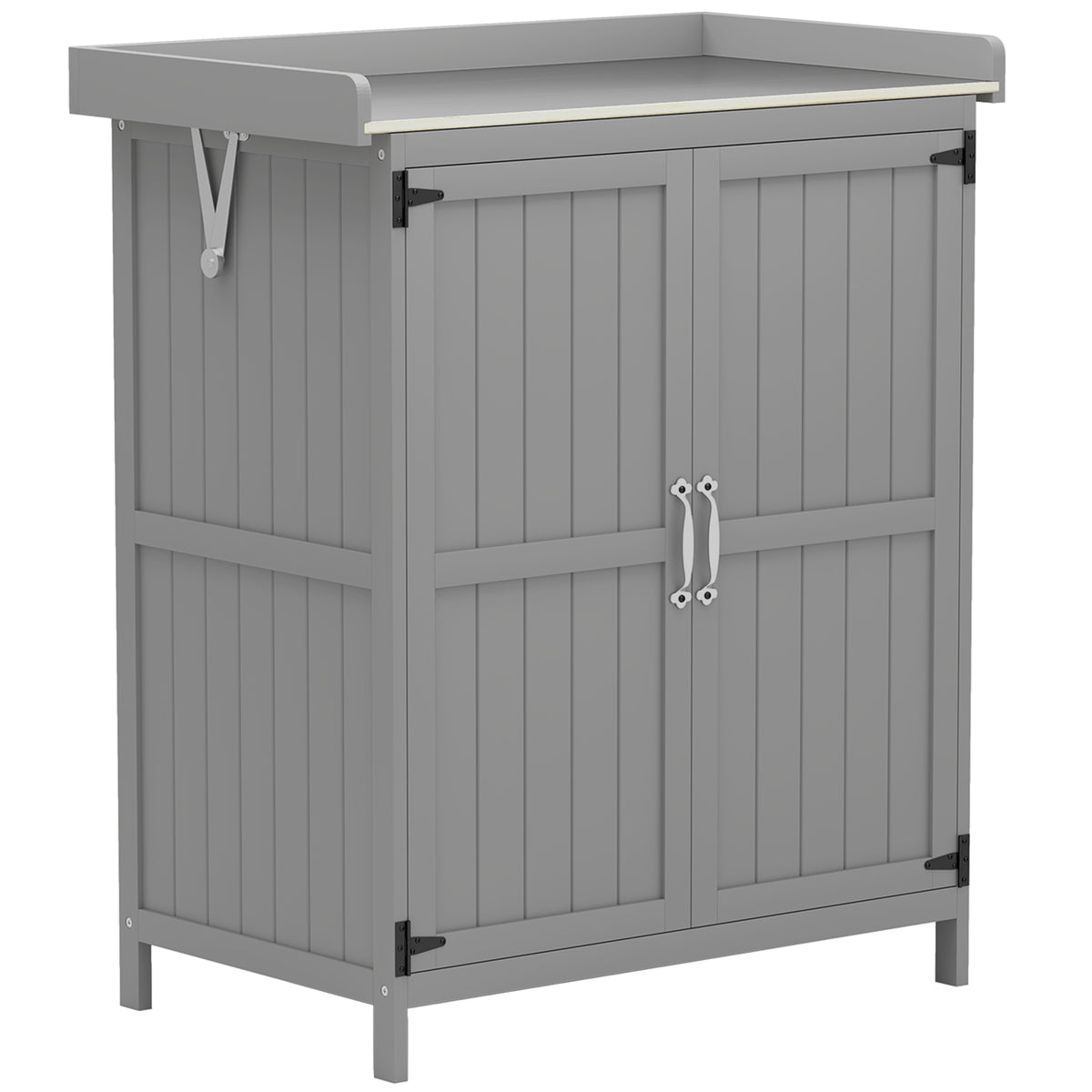 Garden cabinet, outdoor tool cabinet, with work surface, wood and stainless steel, double doors, grey