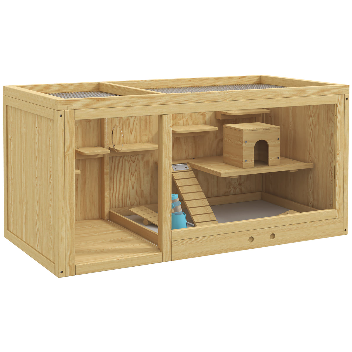 Small animal cage, rodent cage, fir wood, incl. accessories and water bottle, 100 x 50 x 50 cm, natural