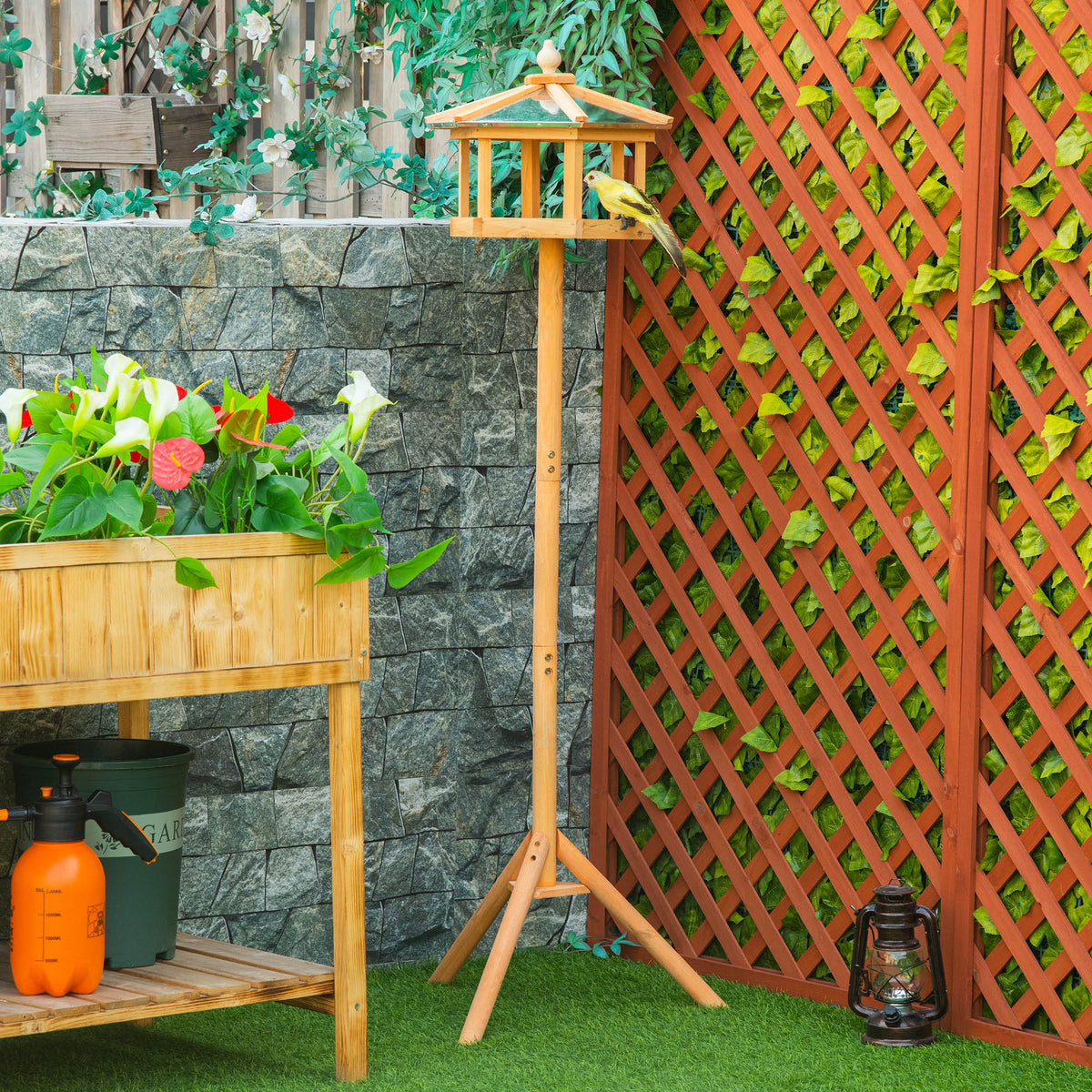 Bird house with stand, wooden bird feeder with platform, slanted metal roof, Ø57.7 x 153H cm, natural wood (2)