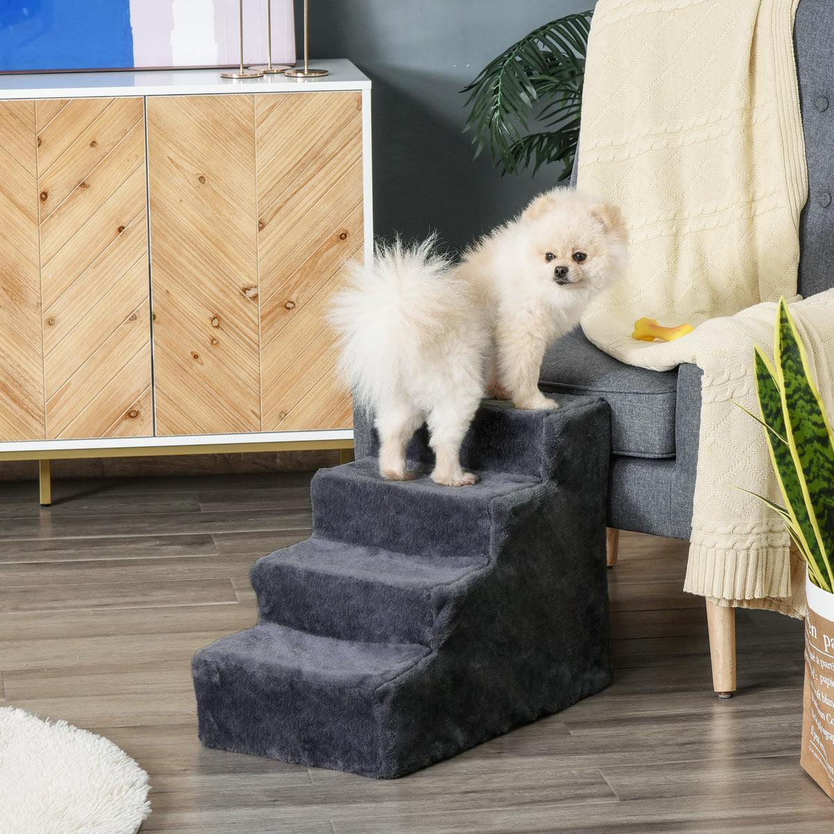 4-Step Dog Stairs, Removable Cover, For Small Dogs, 44 cm, Dark Grey (2)