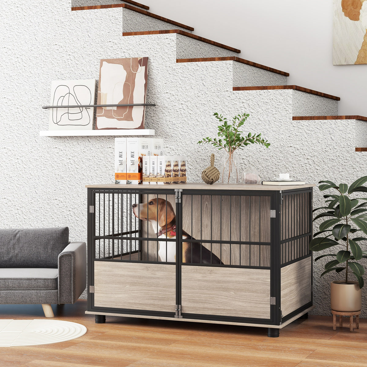 Dog crate, robust & stylish, 100x60x68cm, walnut finish & black (2)