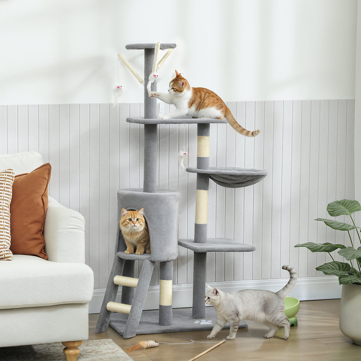 Cat tree with cave, 4 toys, sisal posts, large platform, stairs, for cats under 5 kg, grey (2)