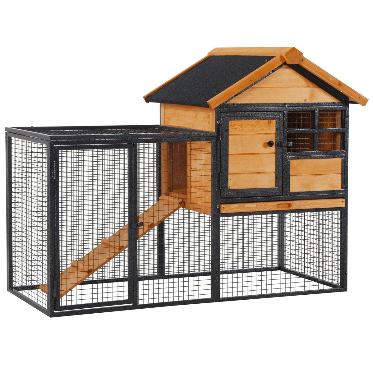 Small animal hutch with outdoor run and ramp 122 cm x 63 cm x 92 cm fir wood metal light yellow + dark gray