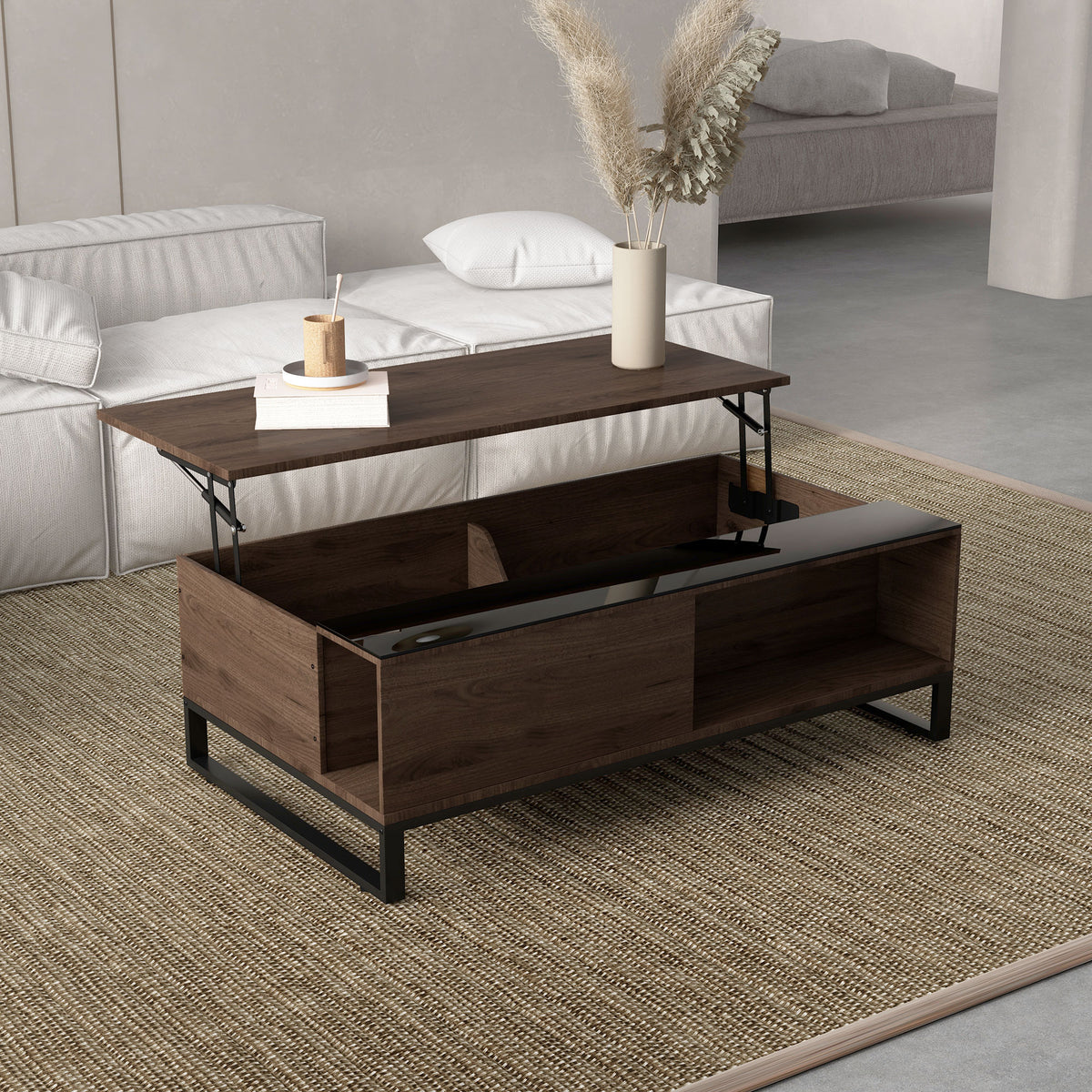 Lift-top coffee table, hidden storage compartment, walnut wood look, steel frame, 102 x 58 x 35.5 cm (2)