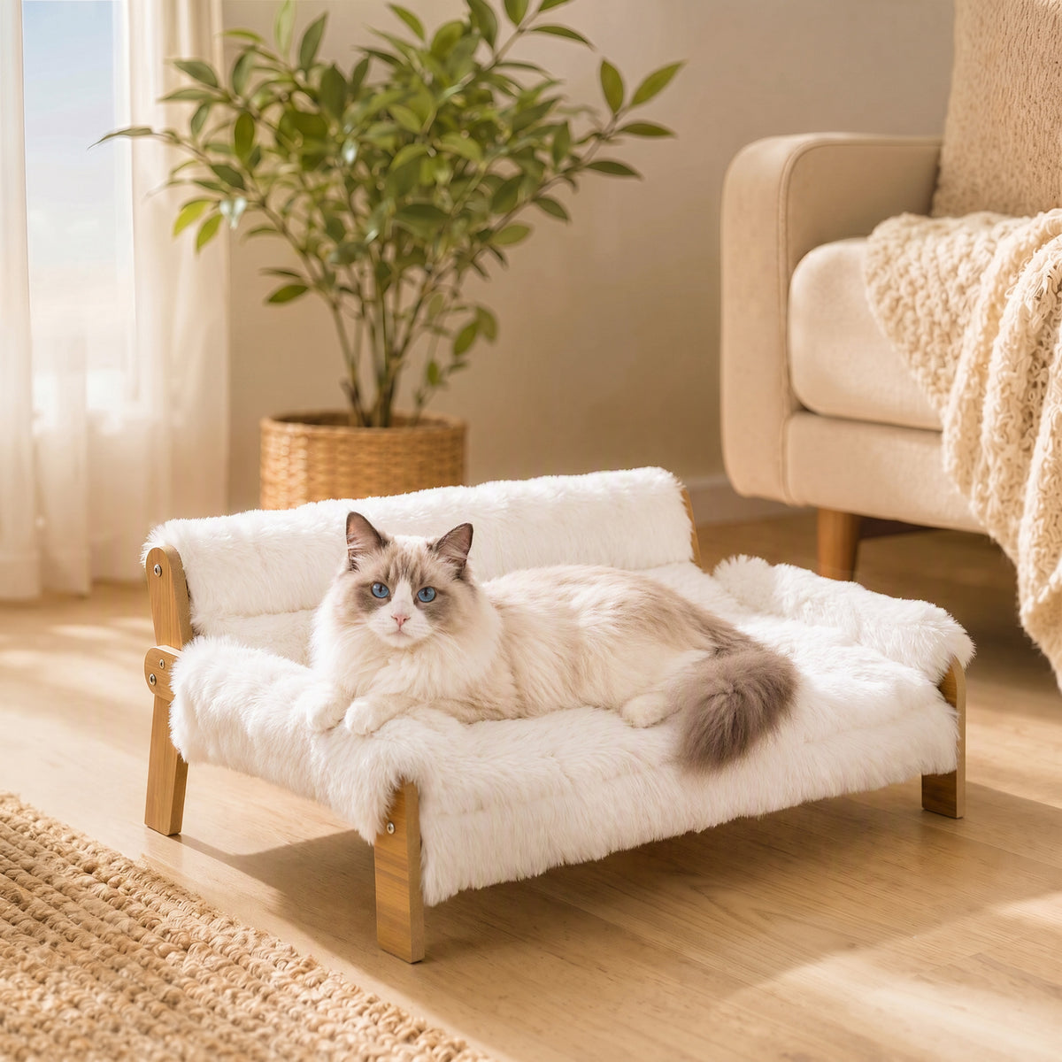Elevated cat bed with wooden frame, removable cover, cotton filling, and non-slip feet, for cats up to 8 kg (2)