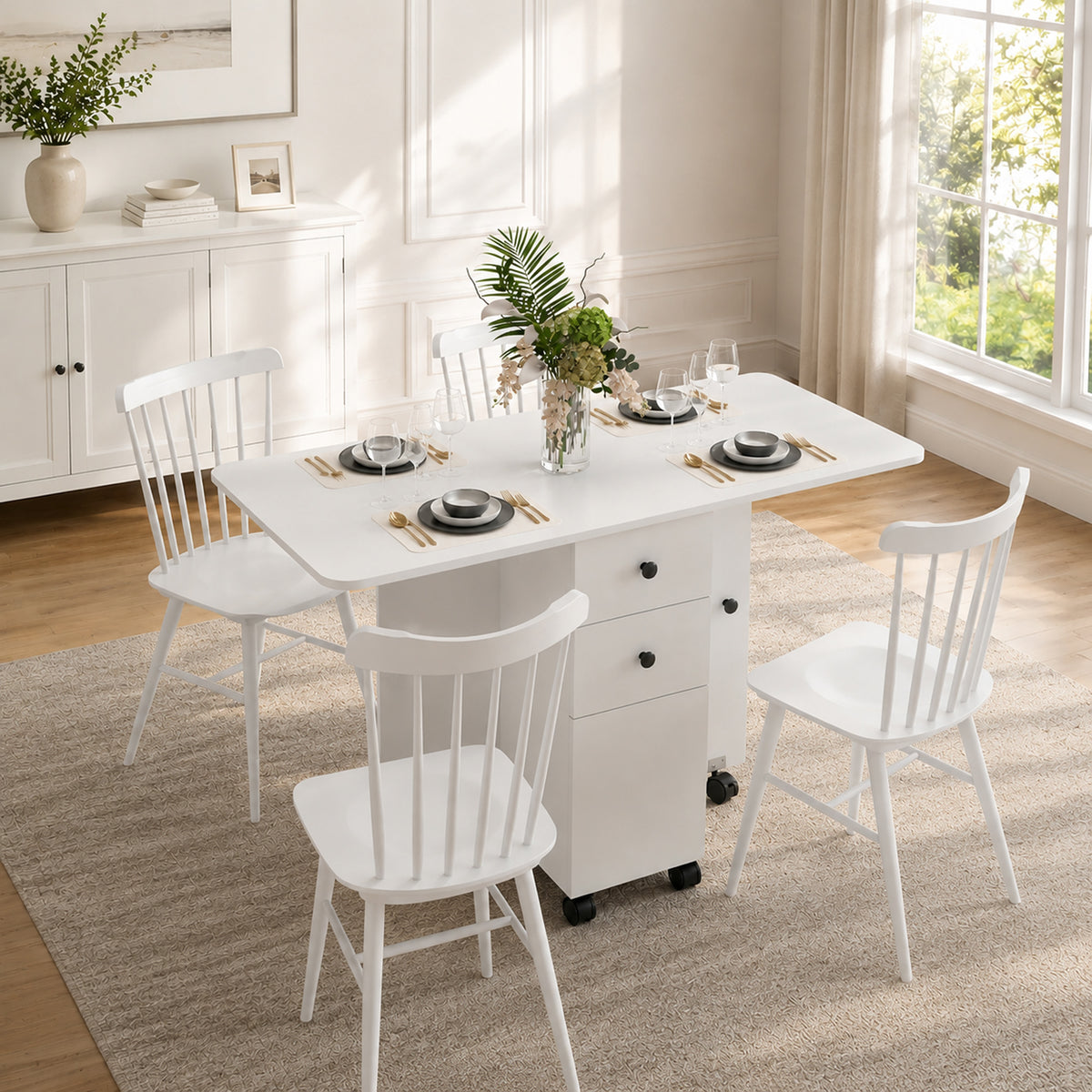 Foldable dining table, rollable kitchen table with drawers and cabinet, white (2)