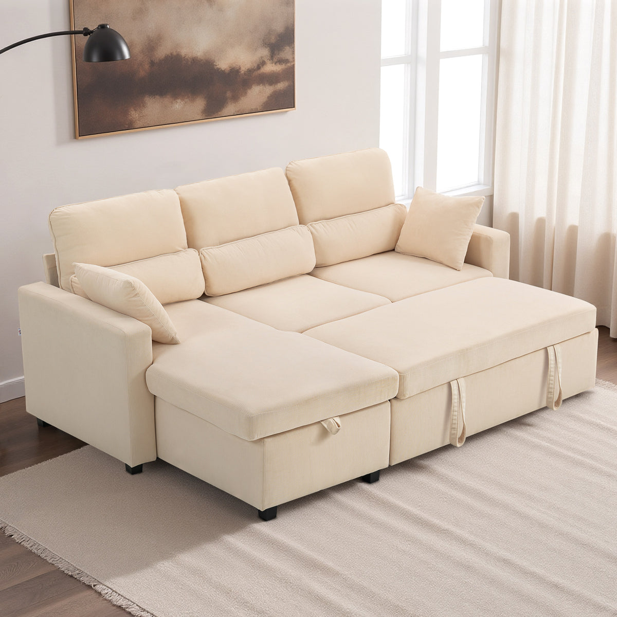 Adjustable sofa bed, L-shaped guest sofa with sleeper function, storage space, cushions, for living room, guest (10)