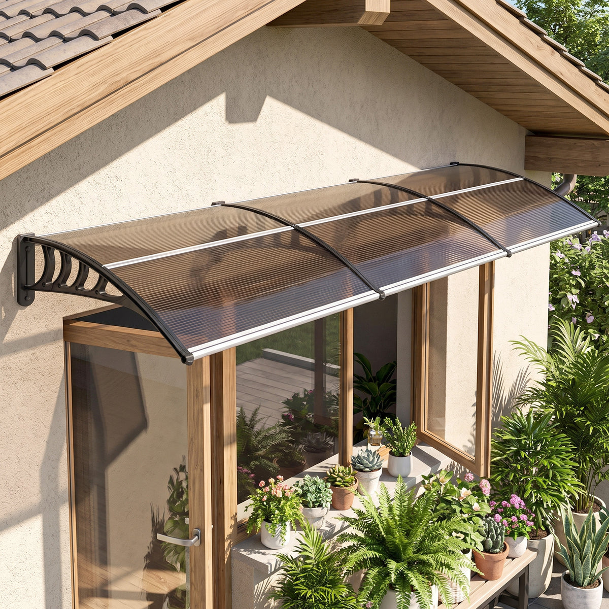 Canopy for front door/window, weatherproof, brown, aluminium connecting rods/polycarbonate, 303x96x27cm, black (2)