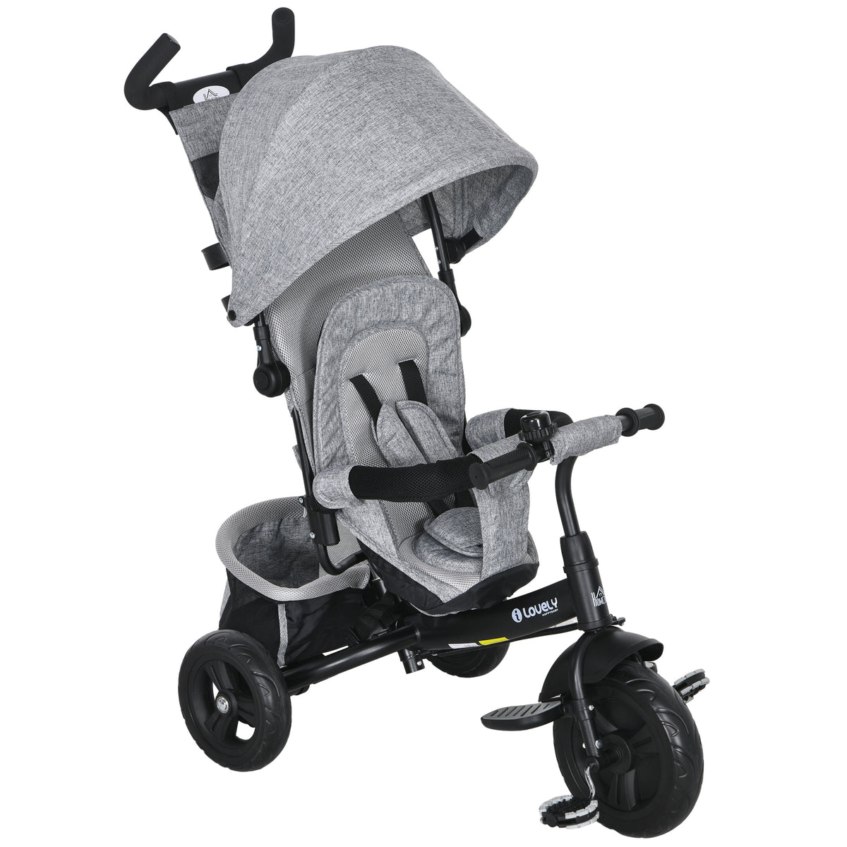 Children's tricycle, children's bicycle, rear basket, cup holder, sun canopy, metal, grey