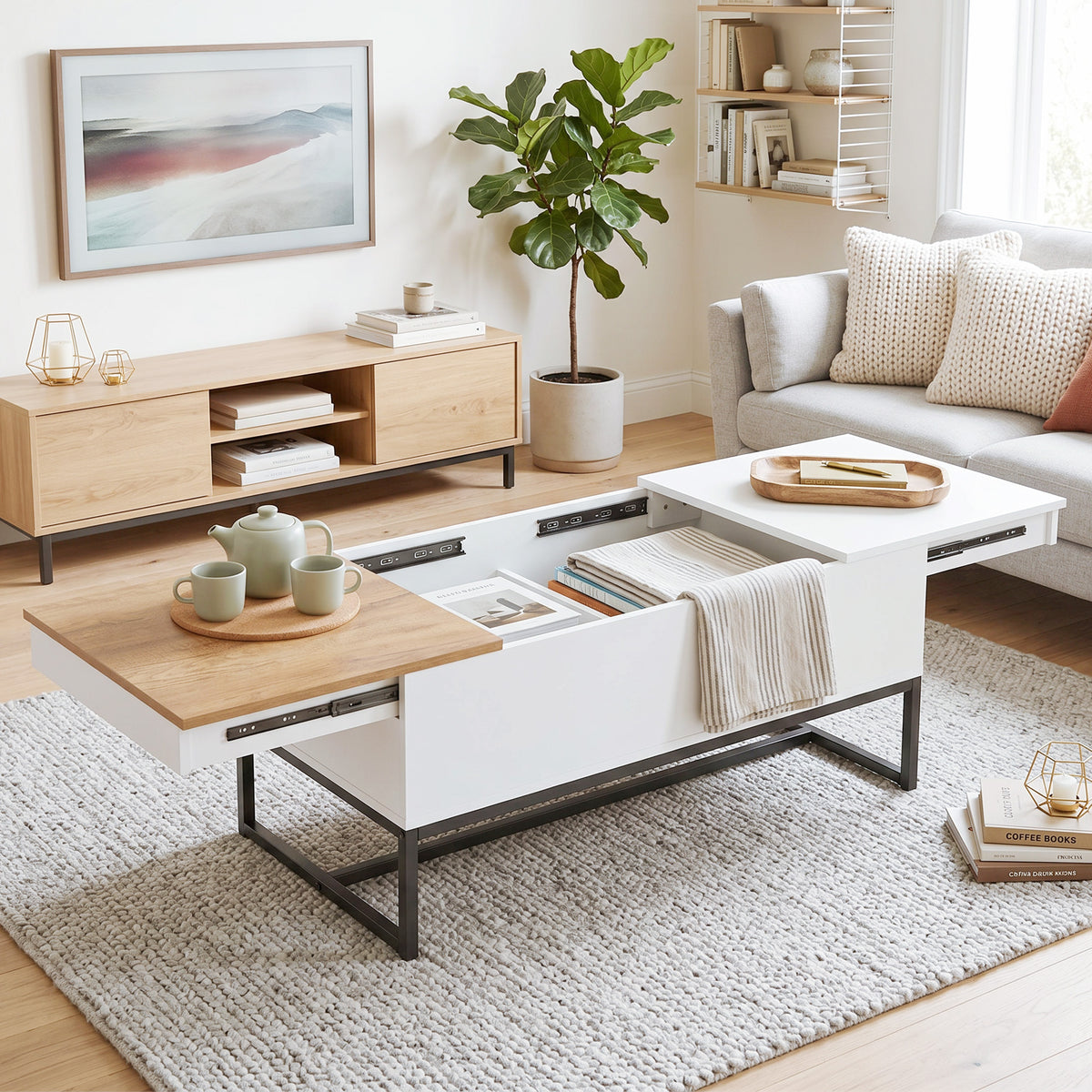 Extendable coffee table, modern living room table with sliding top, hidden storage space and steel legs, white (2)