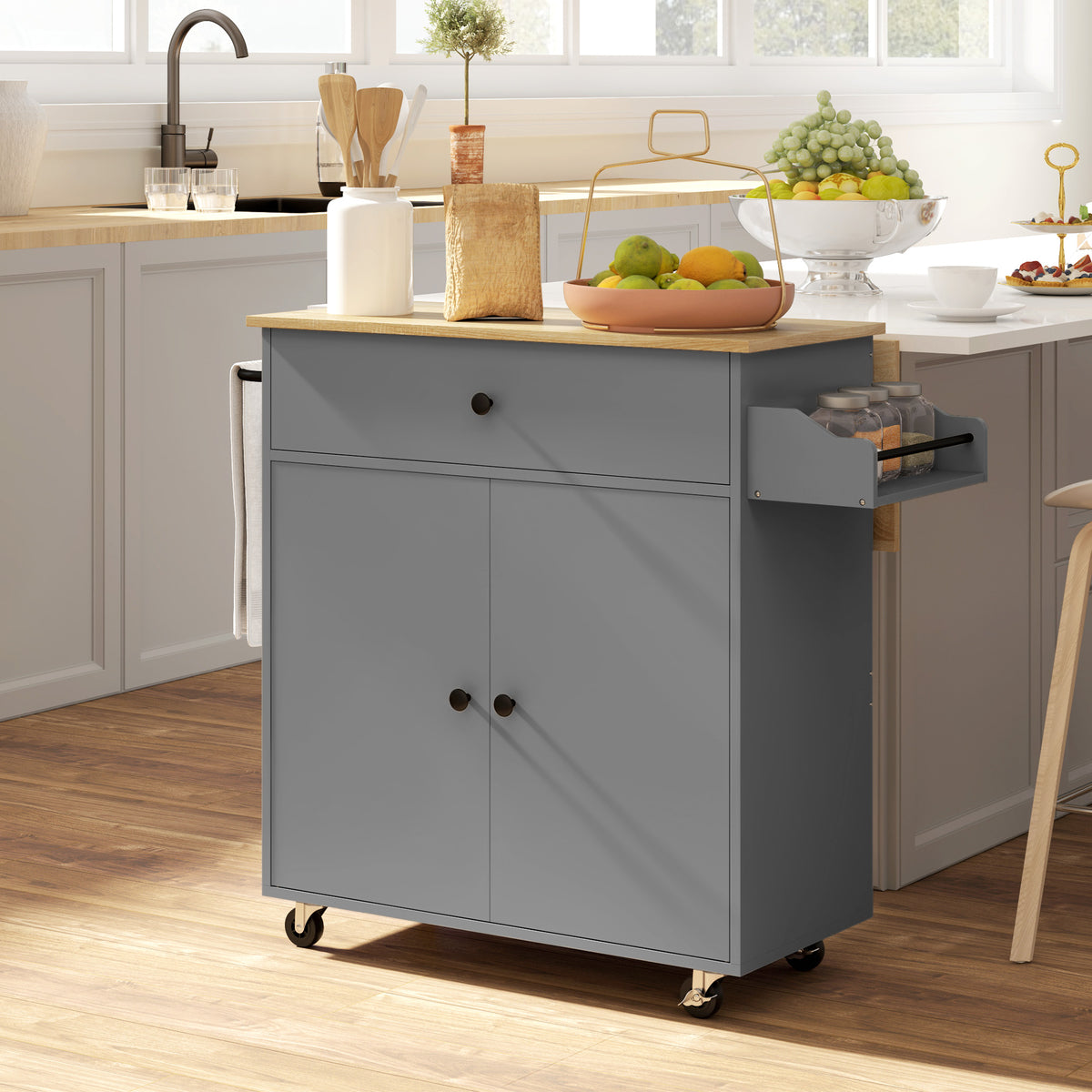 Kitchen trolley with drawer, cupboard compartment, towel rail, 106 x 42 x 87 cm, grey/oak (2)