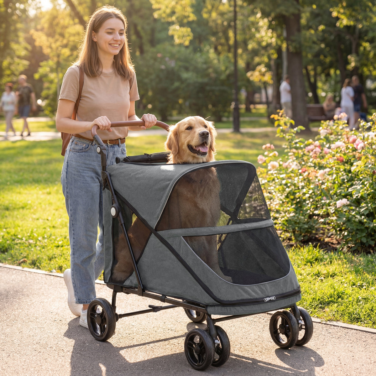 Foldable Dog Stroller for Large Dogs up to 30 kg with 360° Swivel Wheels, Mesh Windows, Cushion, Adjustable (2)