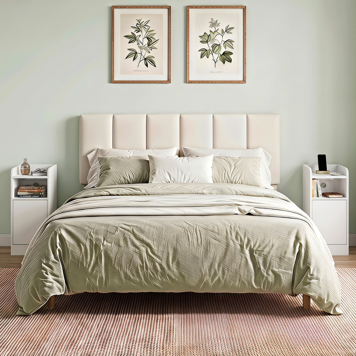 Set of 2 nightstands with charging station, slim bedside table with open compartment and adjustable shelf for (2)