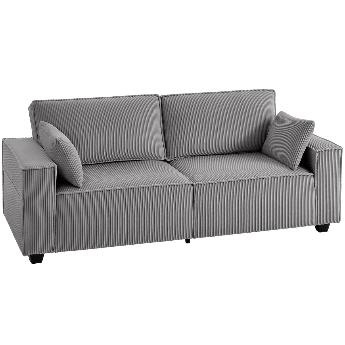 218 cm 3-seater sofa, modern corduroy sofa with pocket spring cushioning, wide armrests and 2 cushions, light