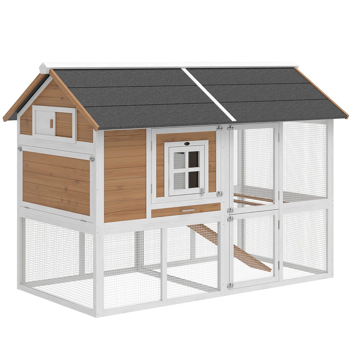 Chicken coop hen house with run, nesting box, pull-out tray, asphalt roof for 4 chickens, 200x104x145cm, wood