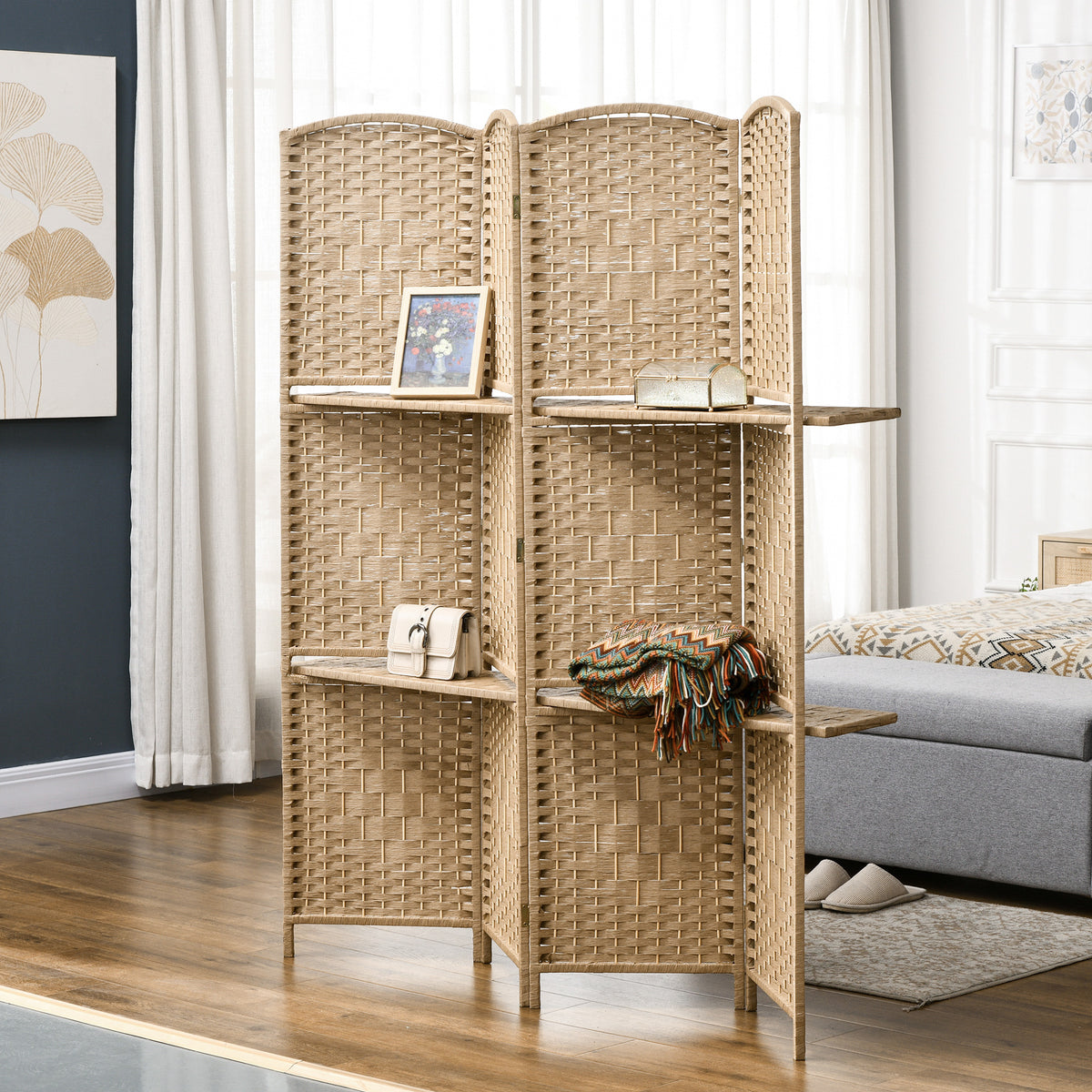 4-panel room divider, 160 x 170 cm, foldable partition screen with 2 shelves, natural wood (2)