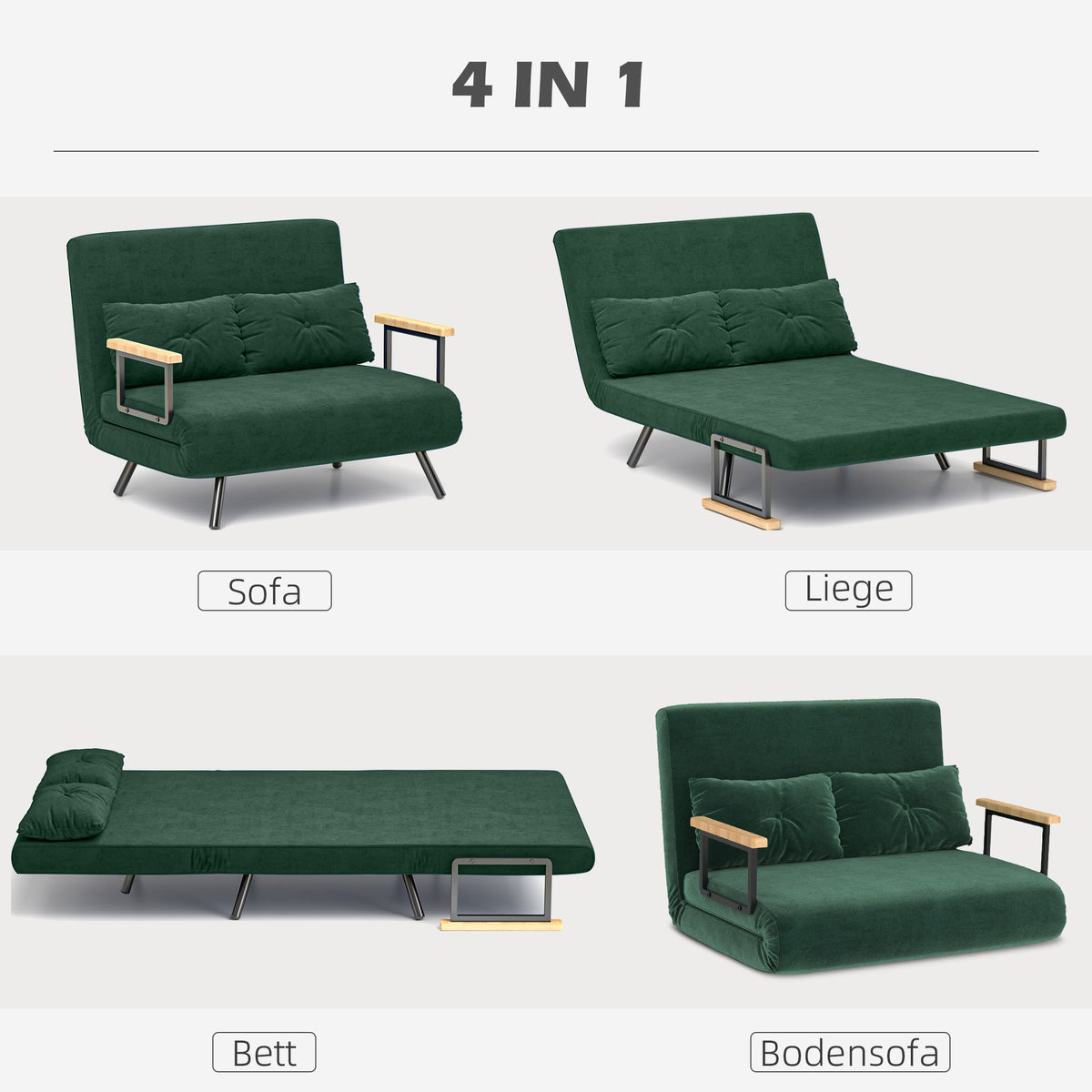 Sofa bed, 2-seater sofa, velvet sofa, sleeping function, incl. 2 cushions, velvet look, nature + green (4)