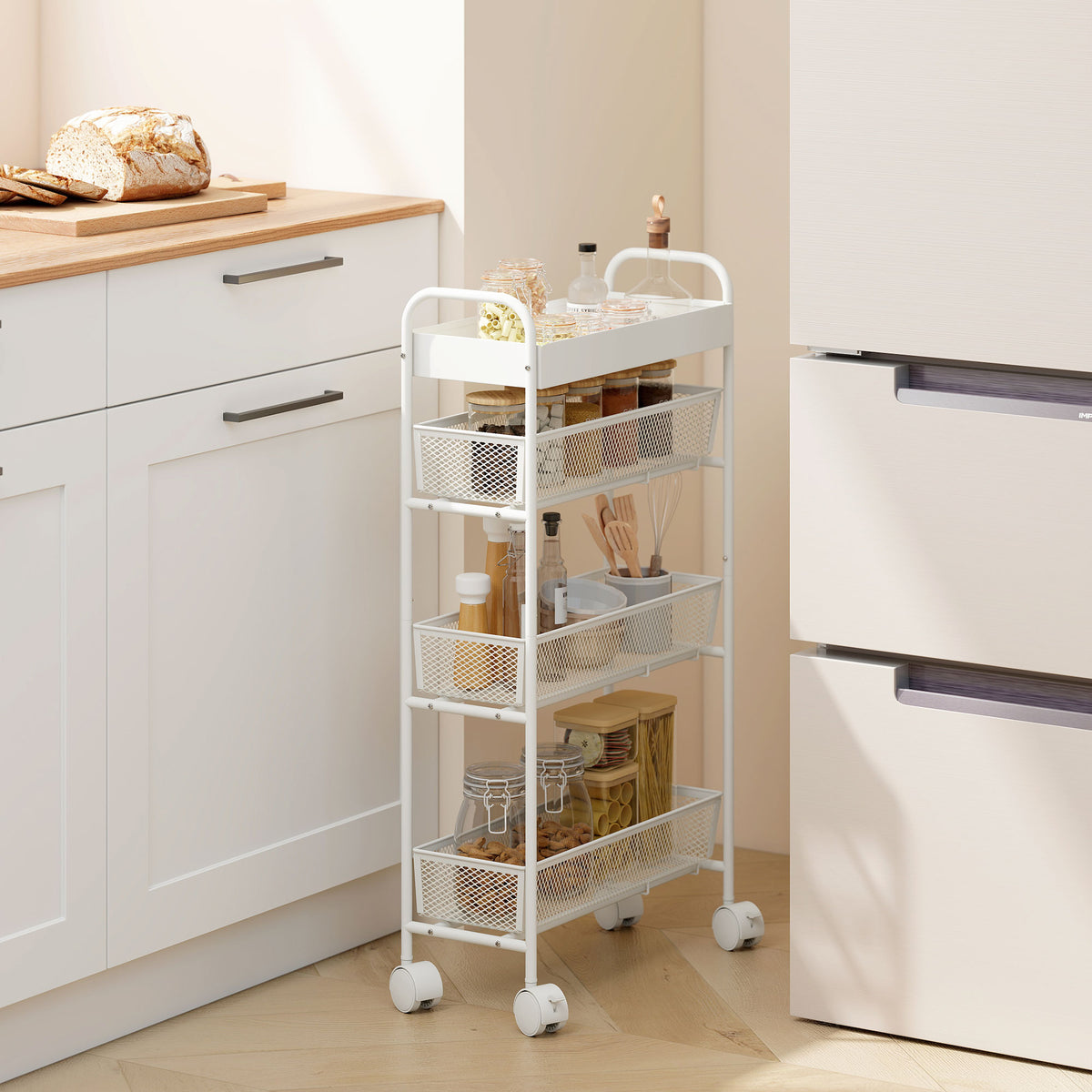 Metal kitchen trolley, 3 baskets, narrow design, 4 wheels, for kitchen, living room, bathroom, white (2)