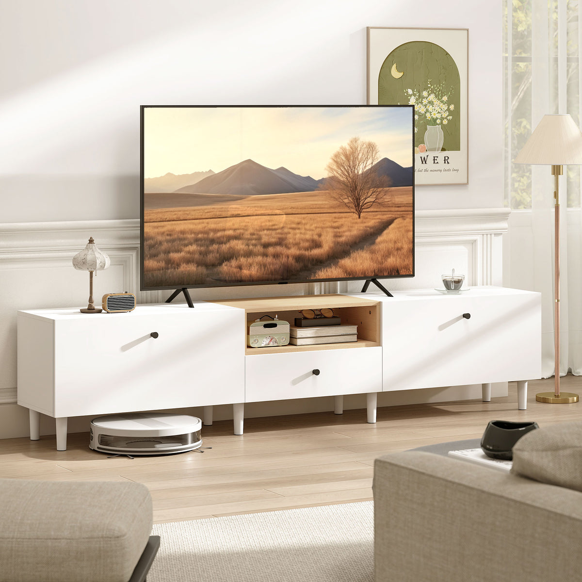 200 cm TV stand for TVs up to 90 inches, 2 drop-down compartments, open compartment, drawer, 8 legs, chipboard (2)