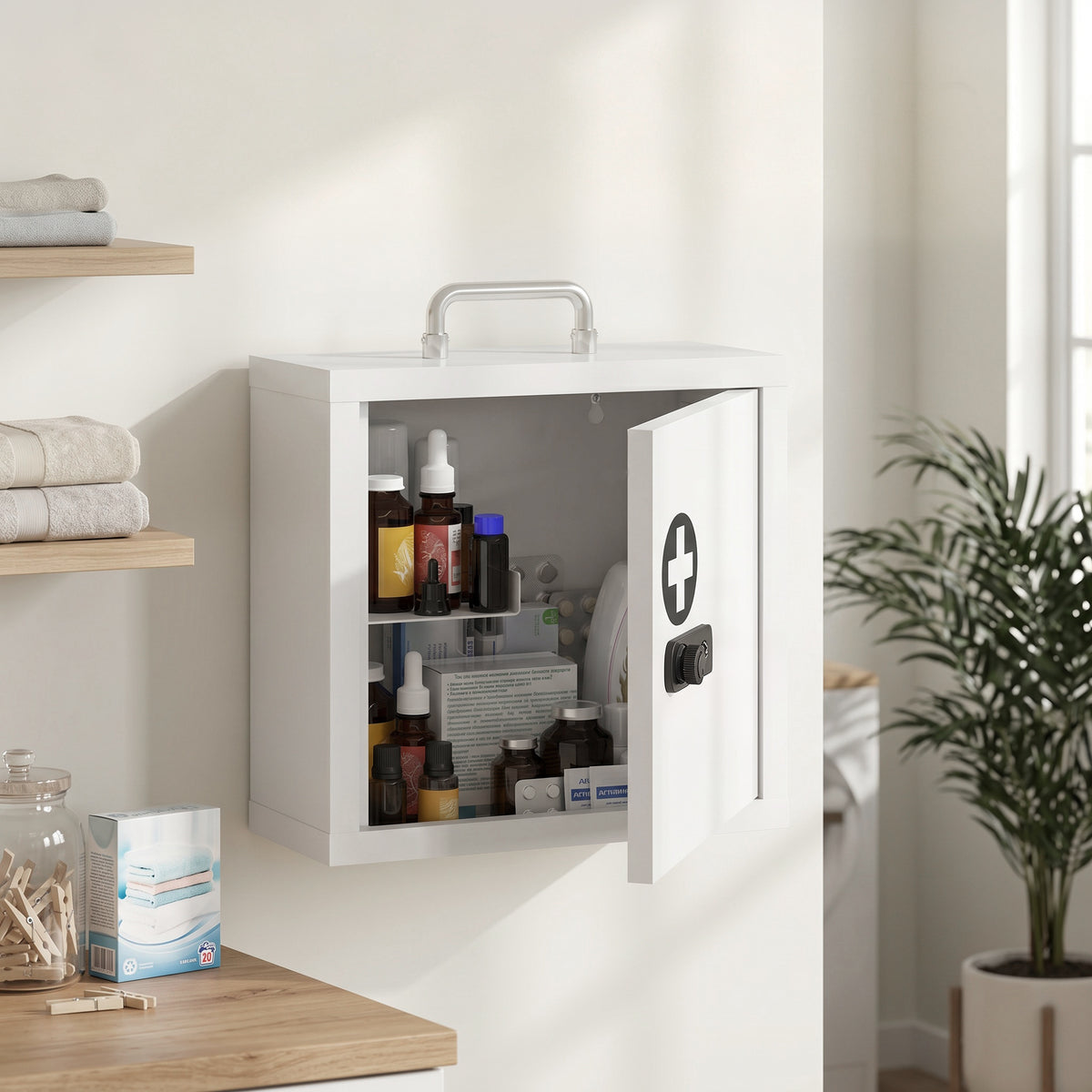 Wall-mounted medicine cabinet with combination lock, 2-tier stainless steel first aid cabinet, white (2)