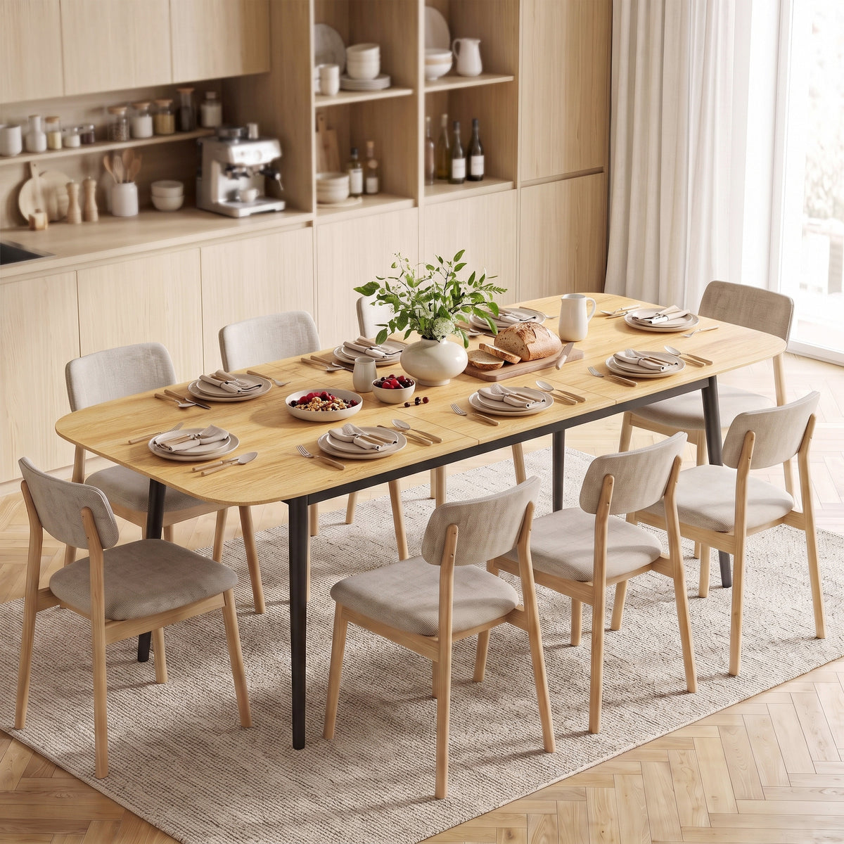 Extendable dining table for 6-8 people, kitchen table with storage shelf, oak wood look (2)