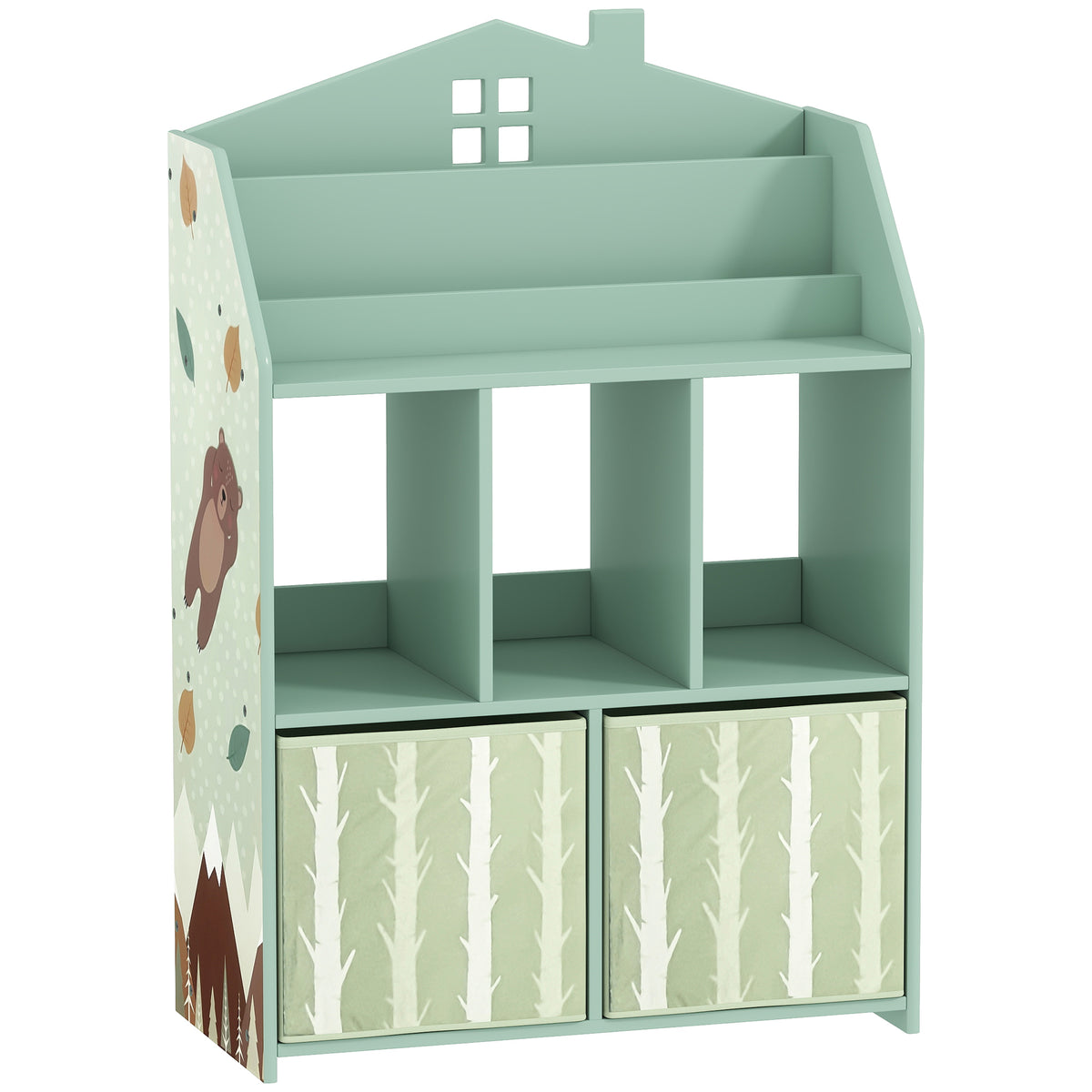 Children's Bookcase for Kids with 2 Fabric Drawers Open Shelf for Ages 3-8 62.5x30x91.5 cm Green