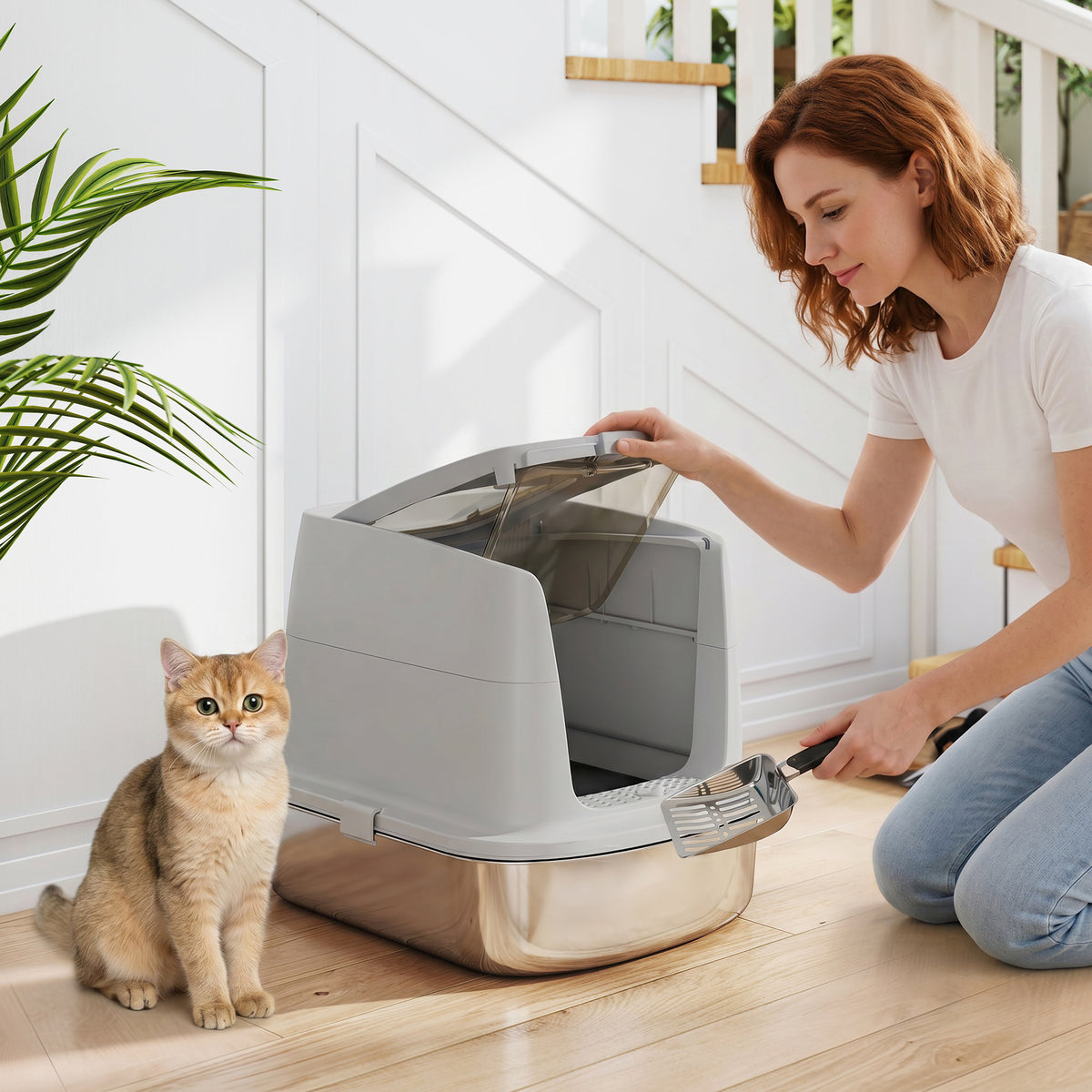 Stainless steel litter box, enclosed litter box with scoop, odor bags, entry and exit (2)