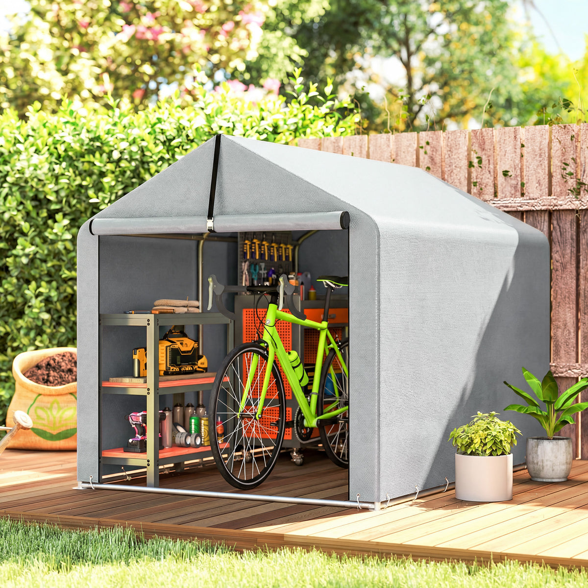 Garage Tent 2.2 x 1.6 m Waterproof Equipment Tent with Roll-up Door Gable Roof Steel Frame, UV-resistant Light (2)