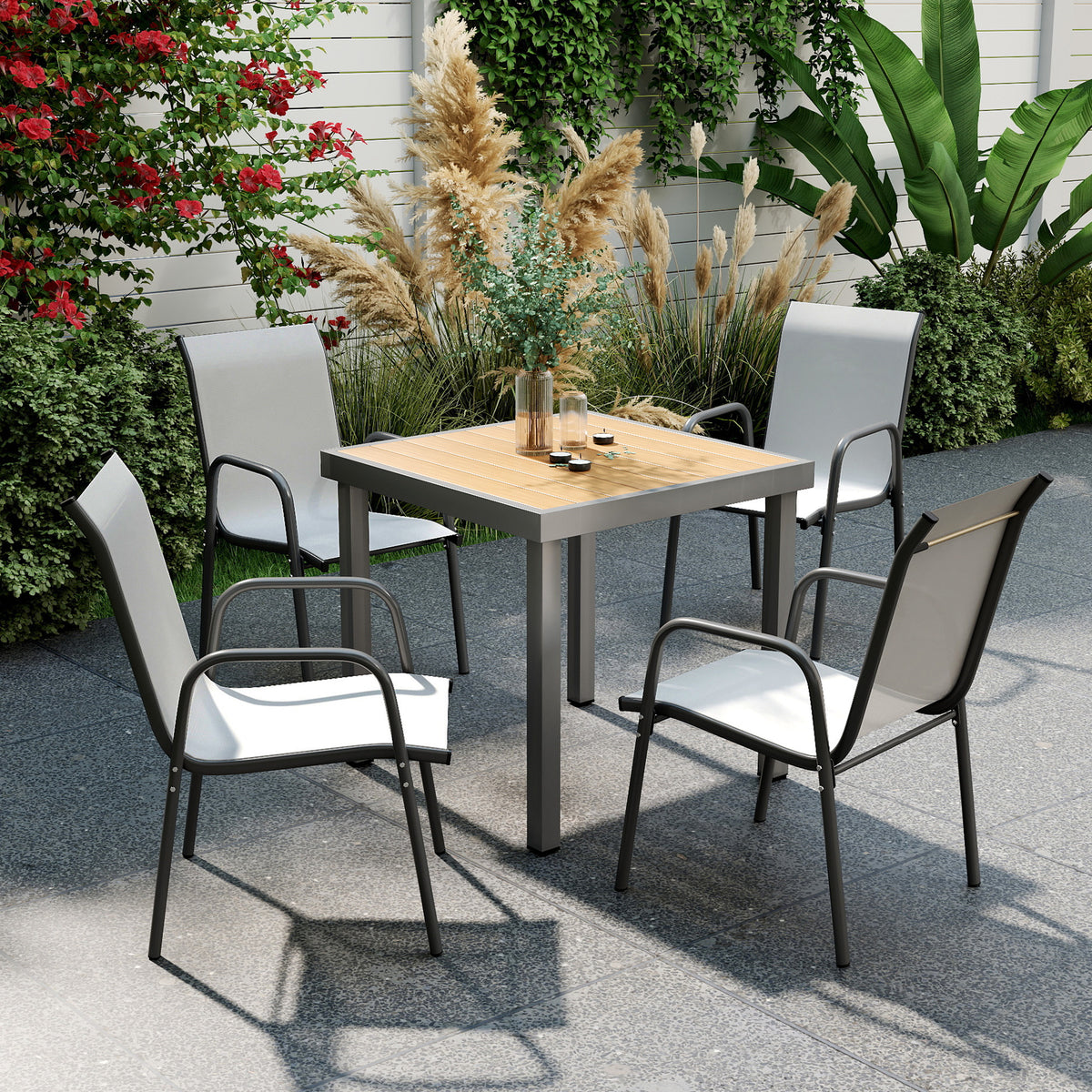 Garden Chairs Set of 4 Stackable Patio Chairs with Breathable Backrest, Armrests 120 kg Load Capacity (2)