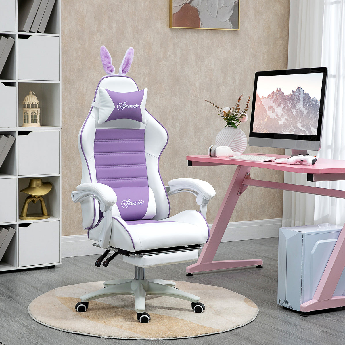 Gaming Chair Ergonomic Gamer Chair with Lumbar Support, Footrest, Bunny Ear Headrest, Purple (2)