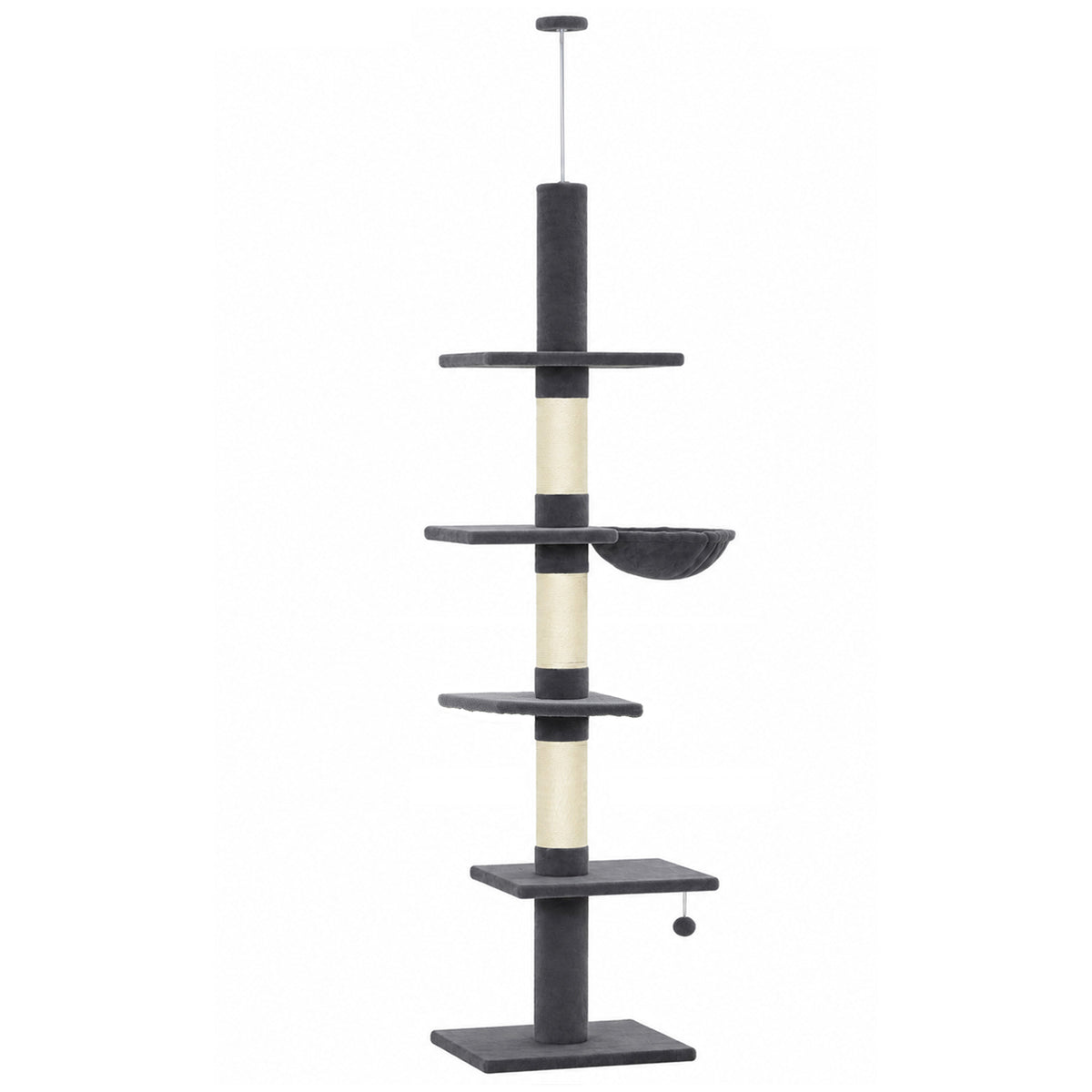 Floor-to-ceiling cat tree 225-255 cm height-adjustable cat tree with 5 levels, 3 sisal scratching posts, hammock