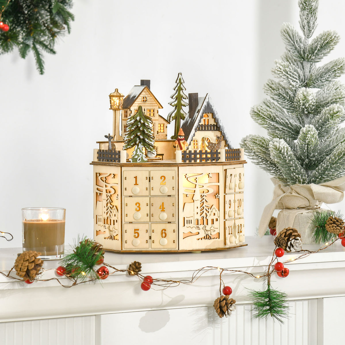 Advent calendar Advent calendar box Christmas decoration, LED lights, 24 drawers, natural (2)
