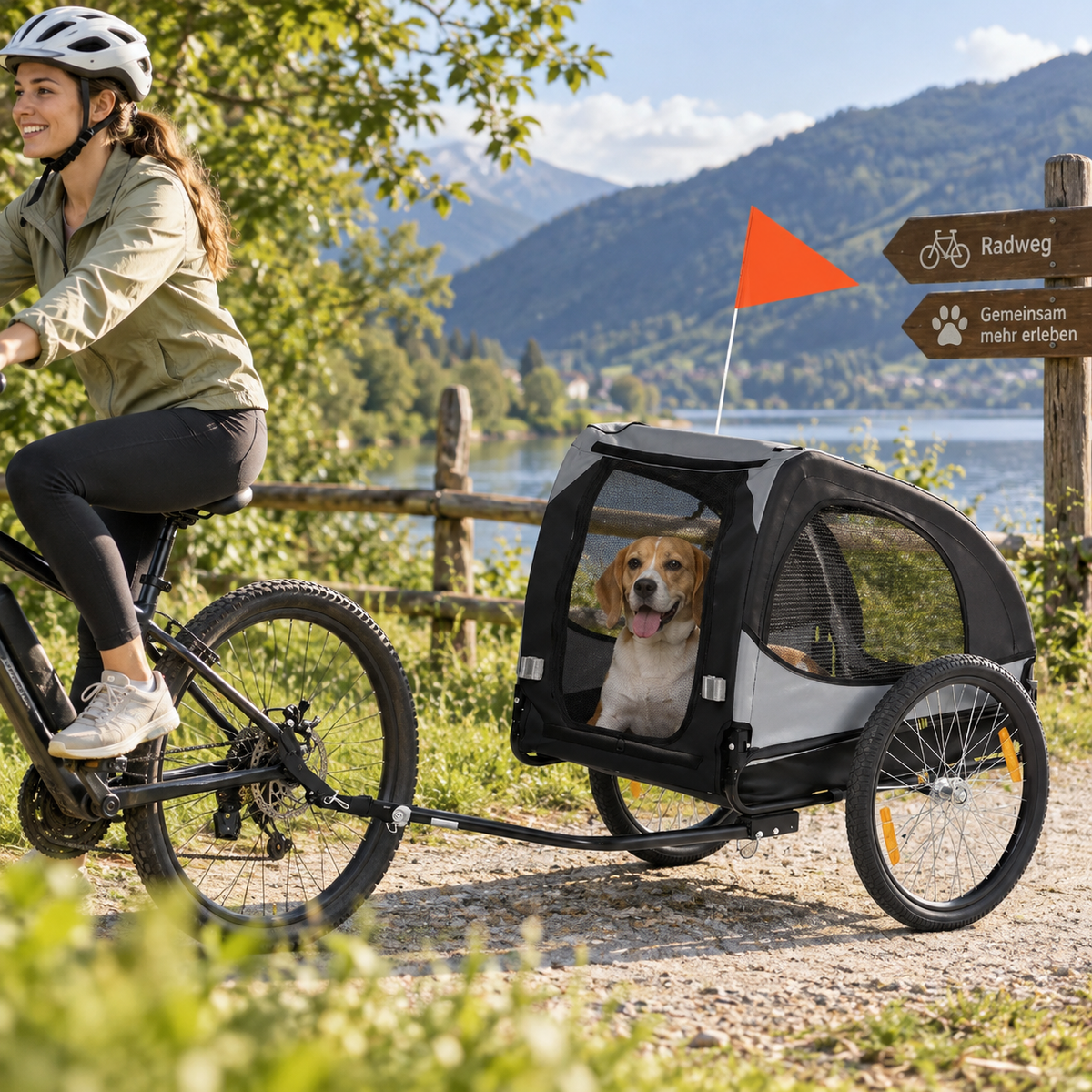 Dog bike trailer up to 20kg, mesh windows, roll-up cover, universal hitch, black, 140 x 71 x 83 cm (2)