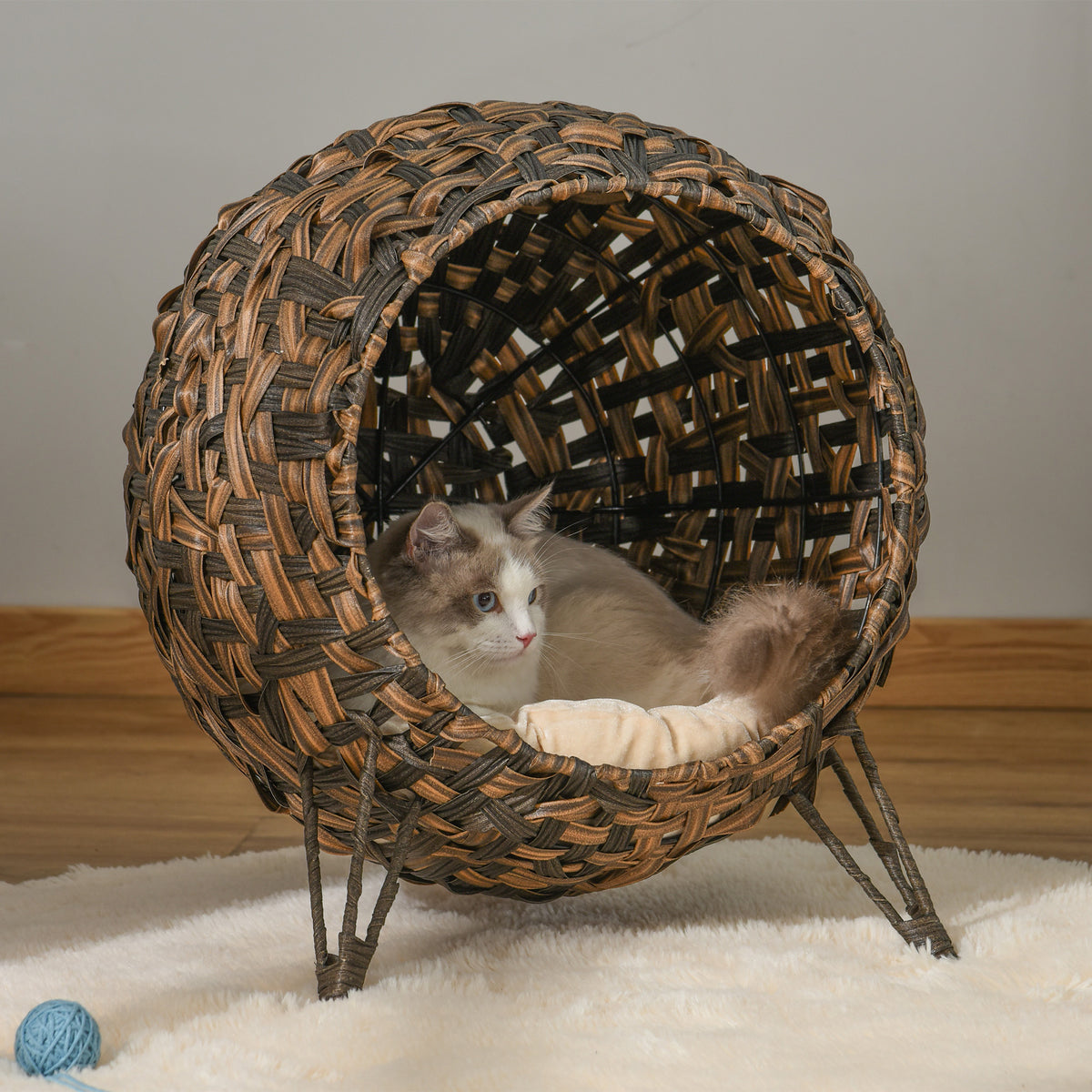 Rattan cat house with cushion, cat bed, cat cave with raised feet, brown, Ø52 x 58 cm (2)