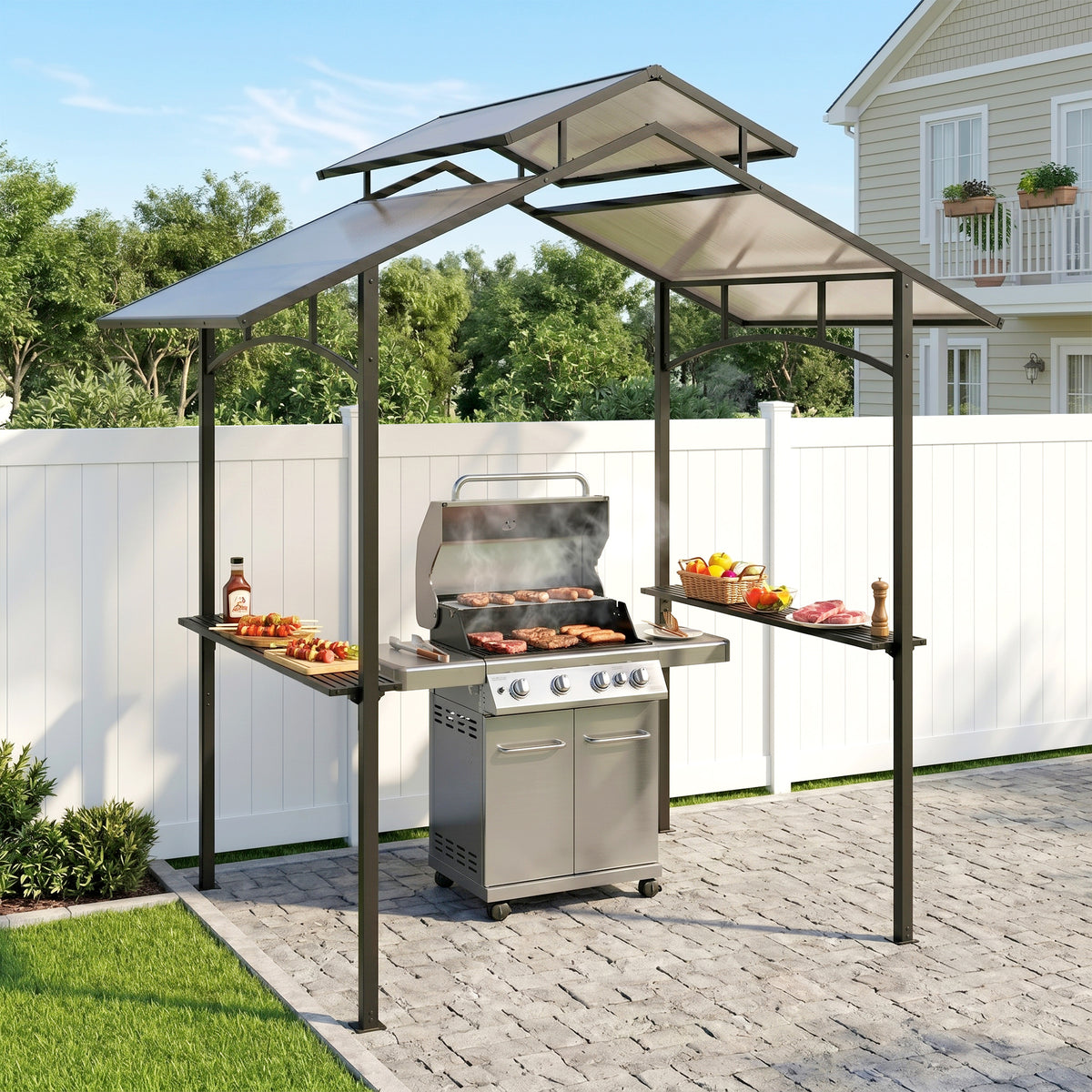 Grill gazebo with flame-retardant roof, BBQ gazebo with 2 shelves, 2.5 x 1.5m steel PC black+brown (2)