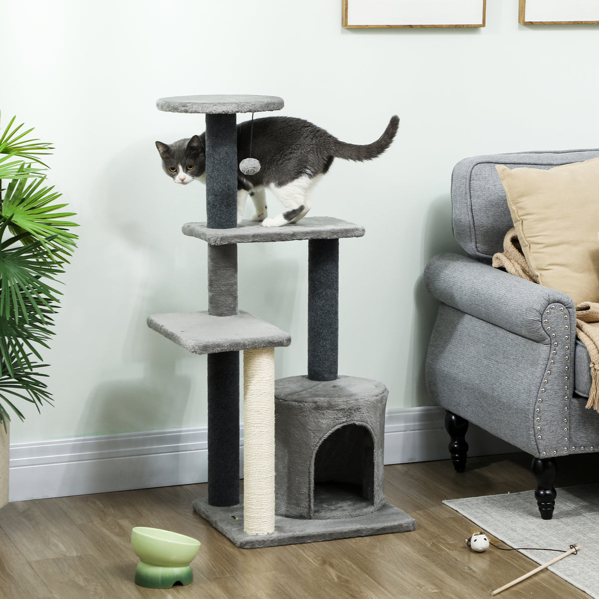 Cat tree 103 cm, cat tower with cat cave, platforms, sisal scratching posts, plush ball for cats up to 5 kg (2)
