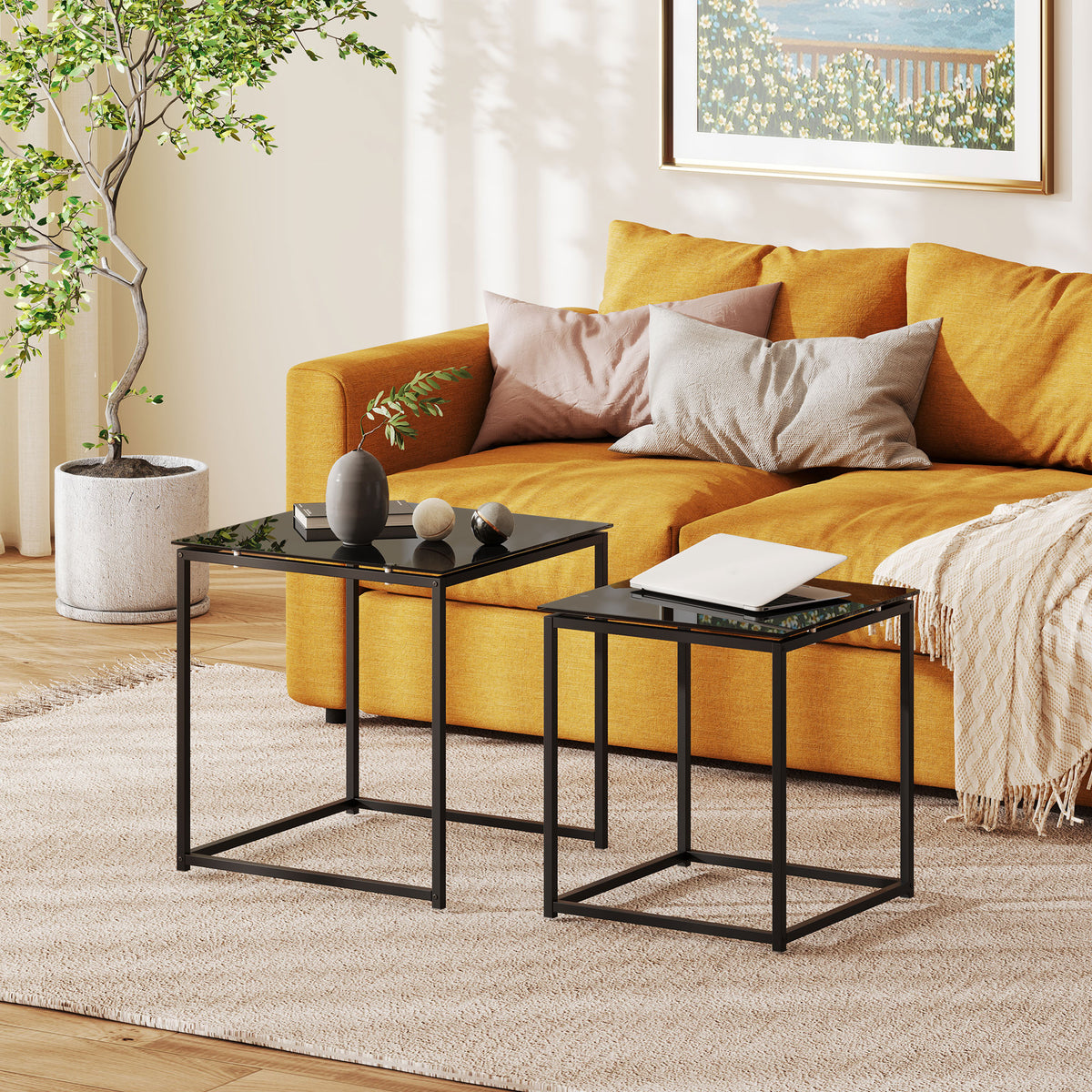 Set of 2 side tables, modern design, stackable, glass table, black (2)
