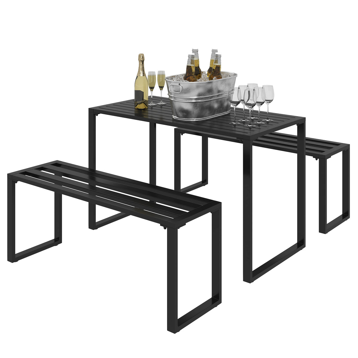 Garden furniture set for 4 people, 1 table & 2 benches, metal, black