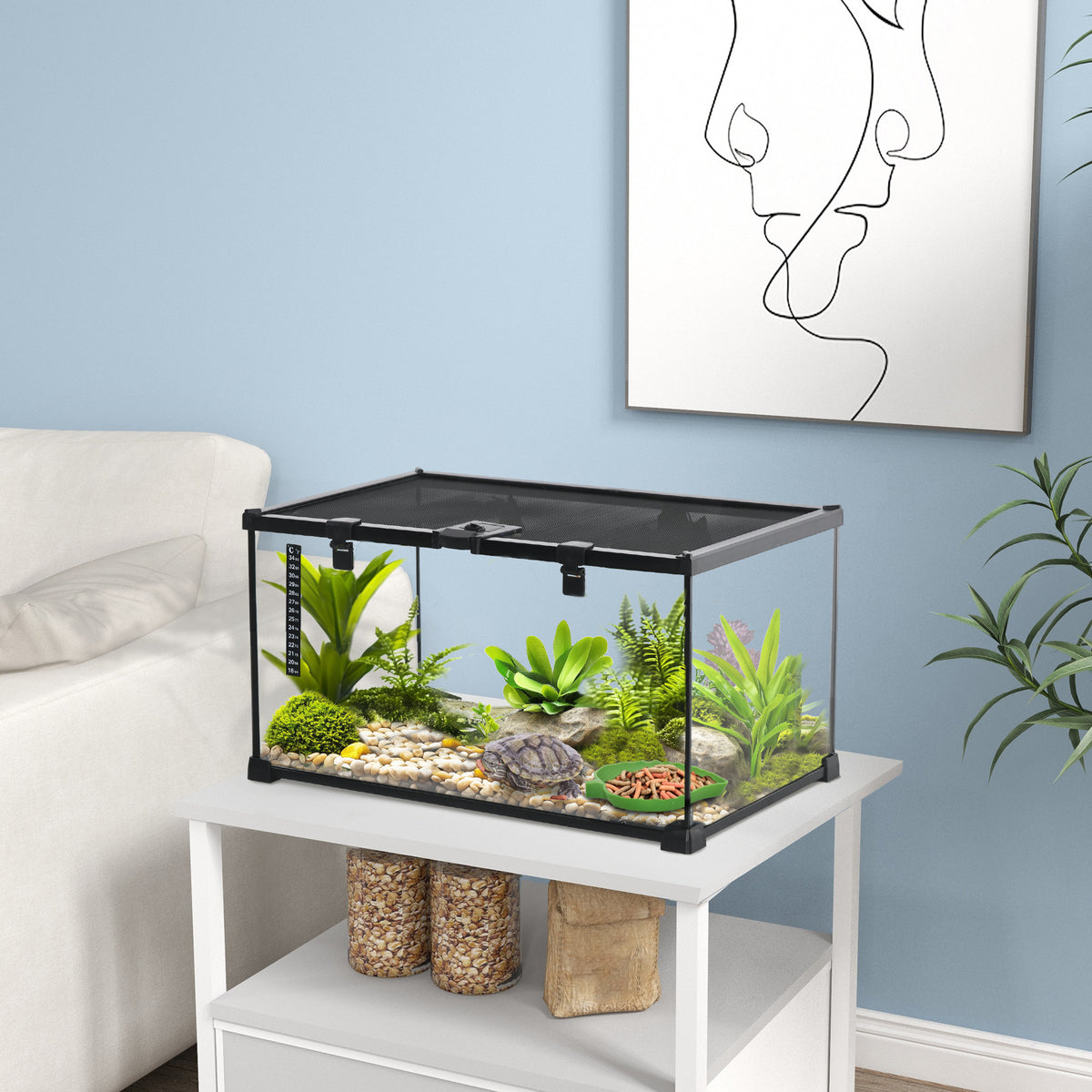 Reptile box terrarium, incl. strip thermometer, feeding flaps, 50 cm x 30 cm x 25 cm, glass + metal, black (2)