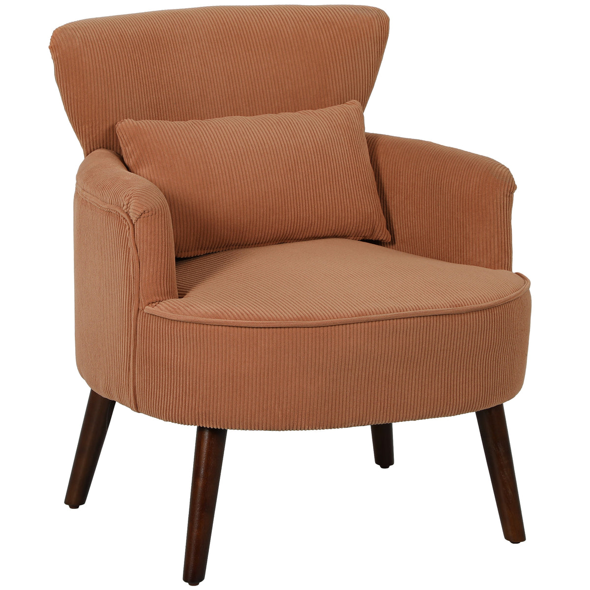 Modern armchair, upholstered accent chair with lumbar pillow, rubberwood legs, orange