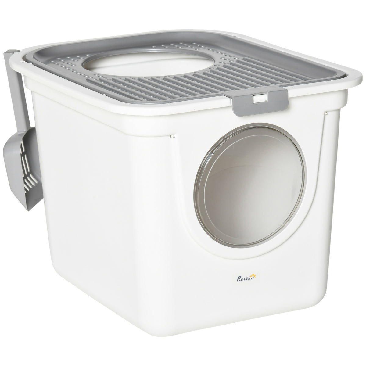 Cat litter box, 2-way cat litter box, incl. litter scoop, white + grey
