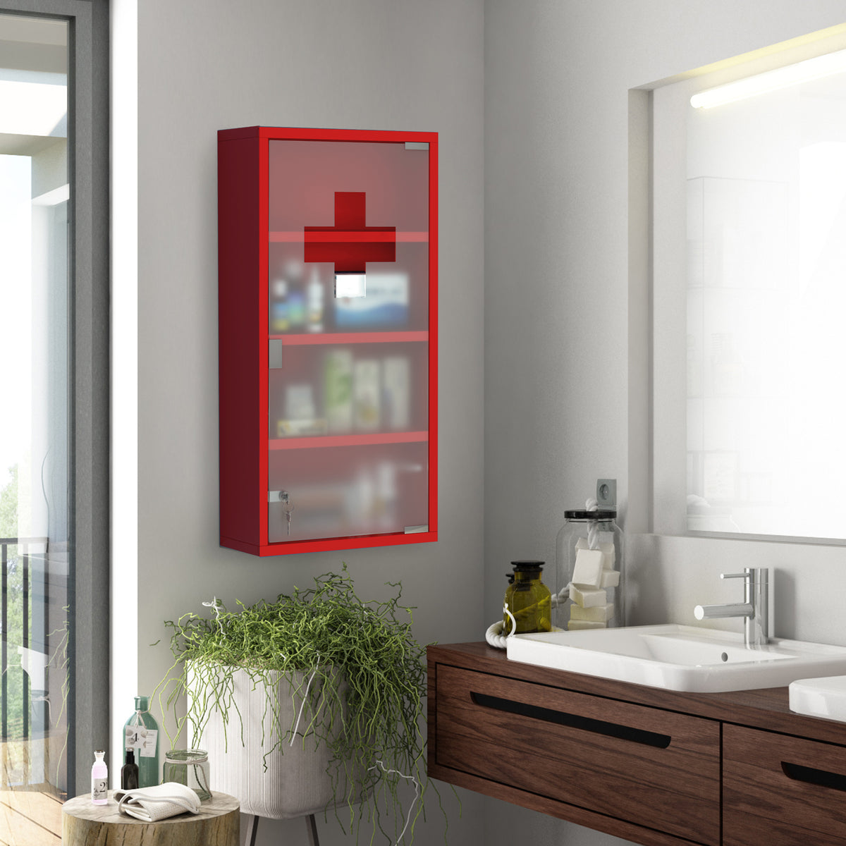 Lockable medicine cabinet, medical cabinet with 4 shelves, glass door, steel, 60 x 30 x 12 cm, red (2)
