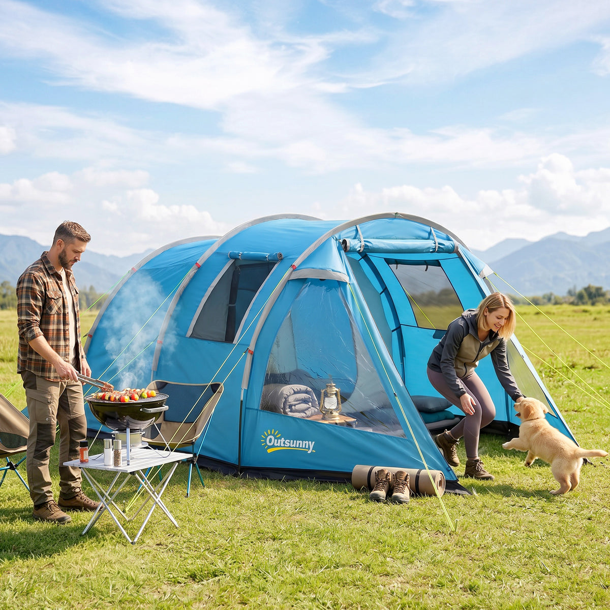 Camping tent trekking tent tent, weather-resistant, 2 rooms, 475 x 264 cm width x 172, blue (2)