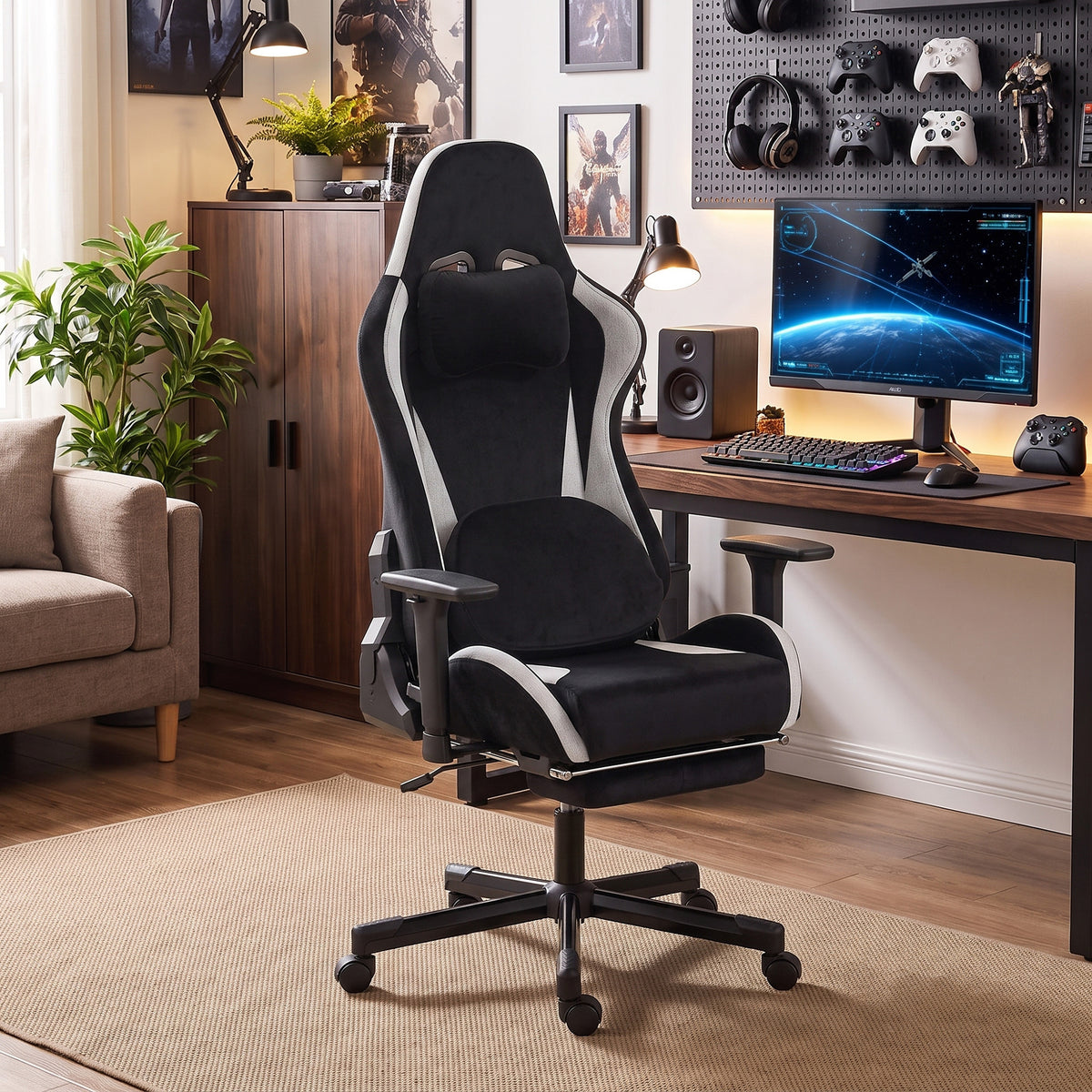 Gaming chair with massage and heated lumbar pillow, ergonomic, linen look, 3D armrests, headrest, black (2)