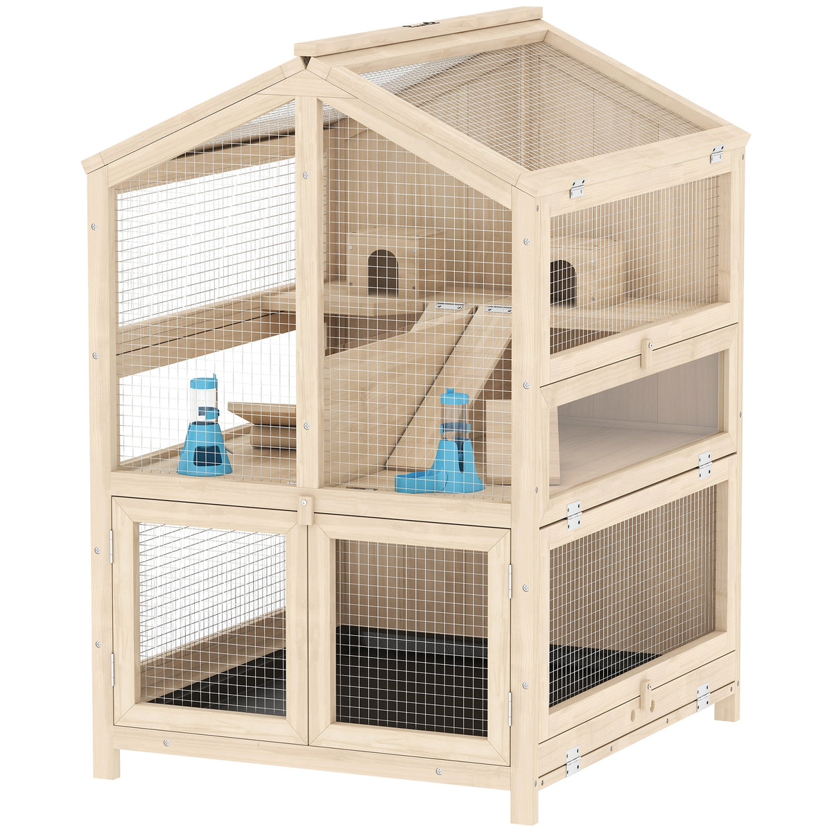 Hamster cage pine wood 3 levels rodent cage small animal cage with huts seesaws ramps water bowls 68x61.5x90 cm