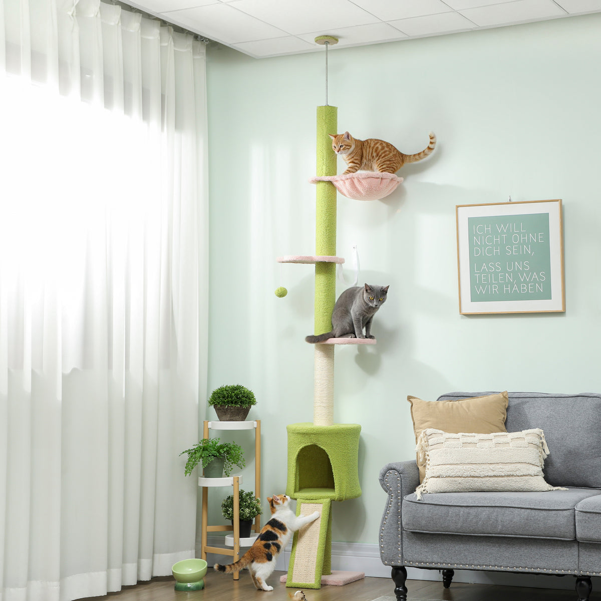Cat tree, cave, hammock, adjustable height, scratching post with fabric cover, green (2)